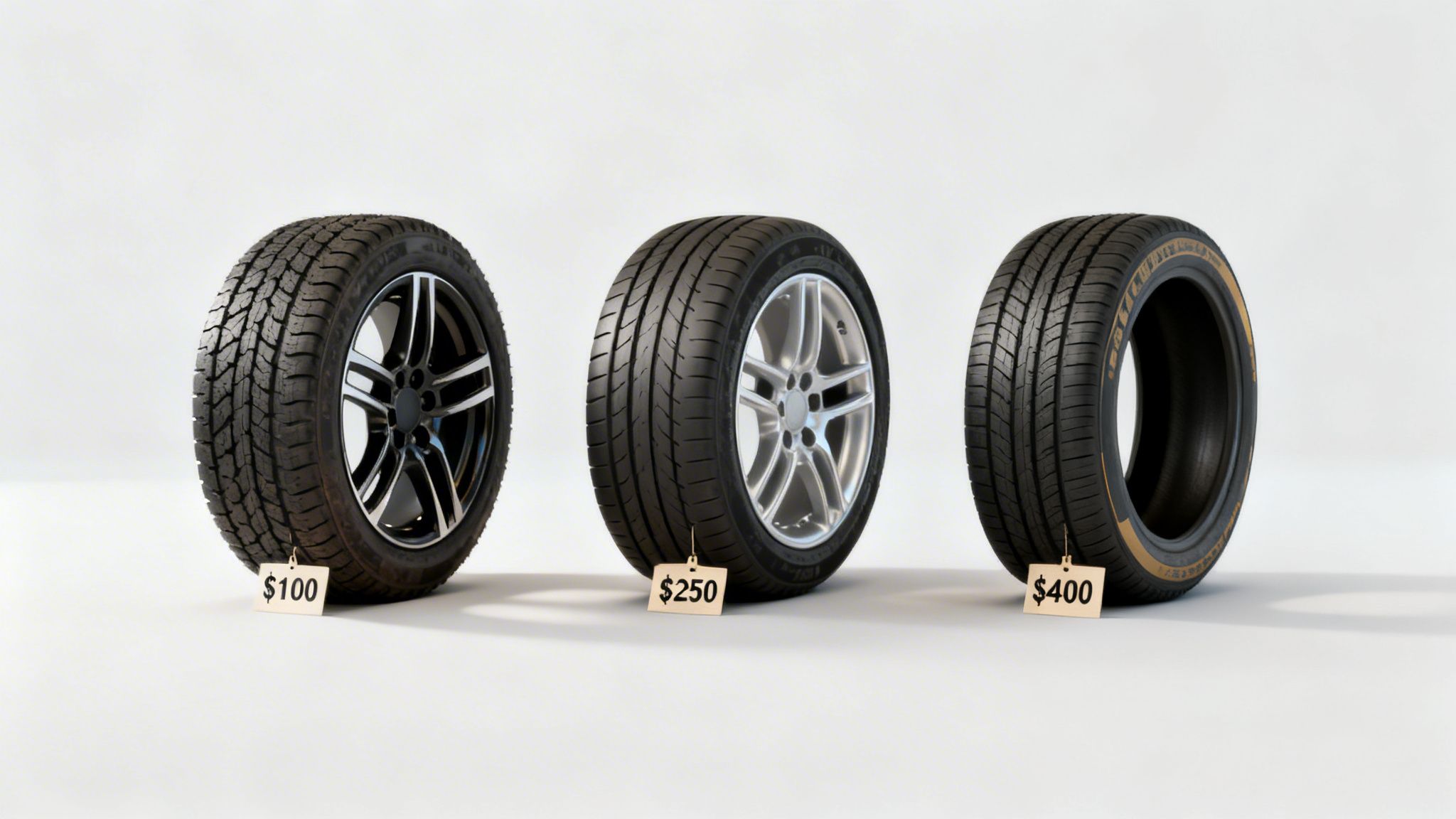 Three car tires with different designs and prices displayed on a clean white background.