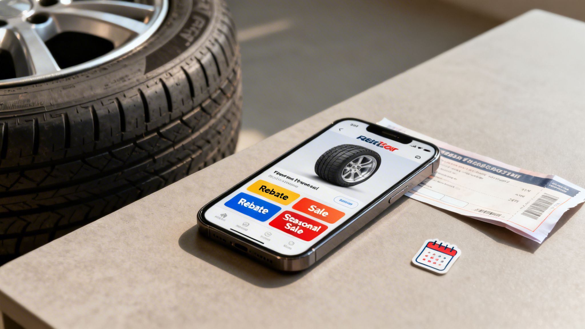 Smartphone displaying a tire sales app with rebate options, next to a receipt and new tires.