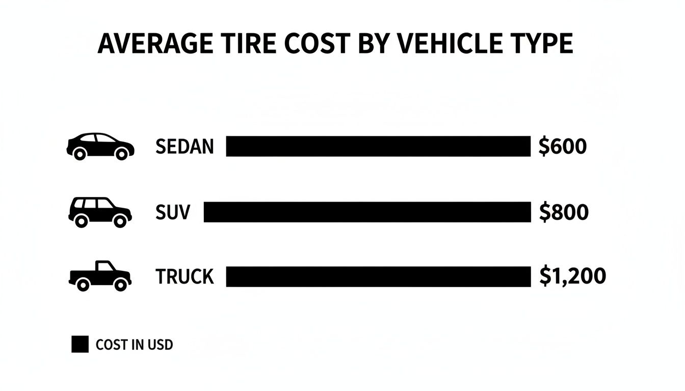 Bar chart displaying average tire cost for sedans ($600), SUVs ($800), and trucks ($1,200).