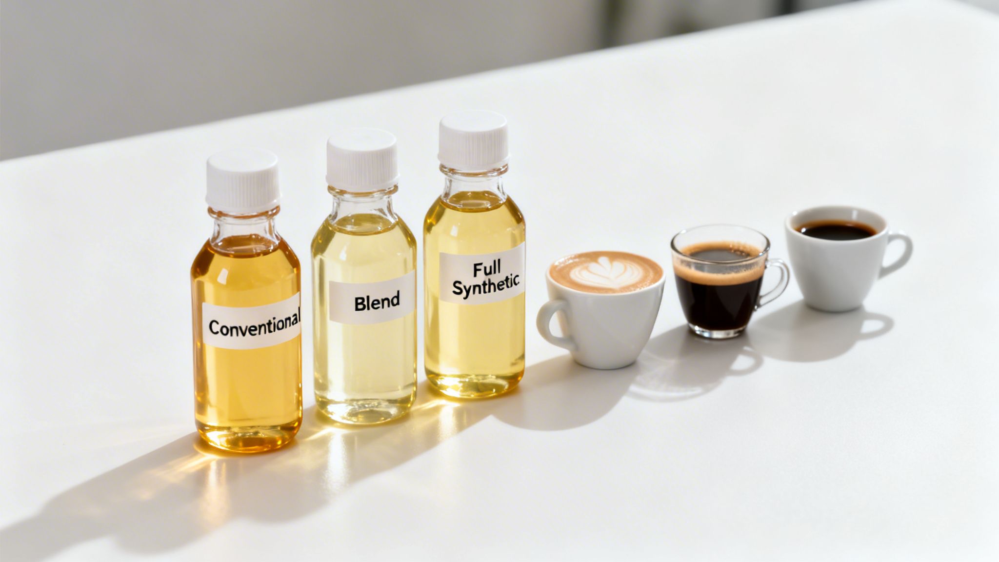 Bottles of Conventional, Blend, and Full Synthetic oil alongside various coffee drinks on a white surface.
