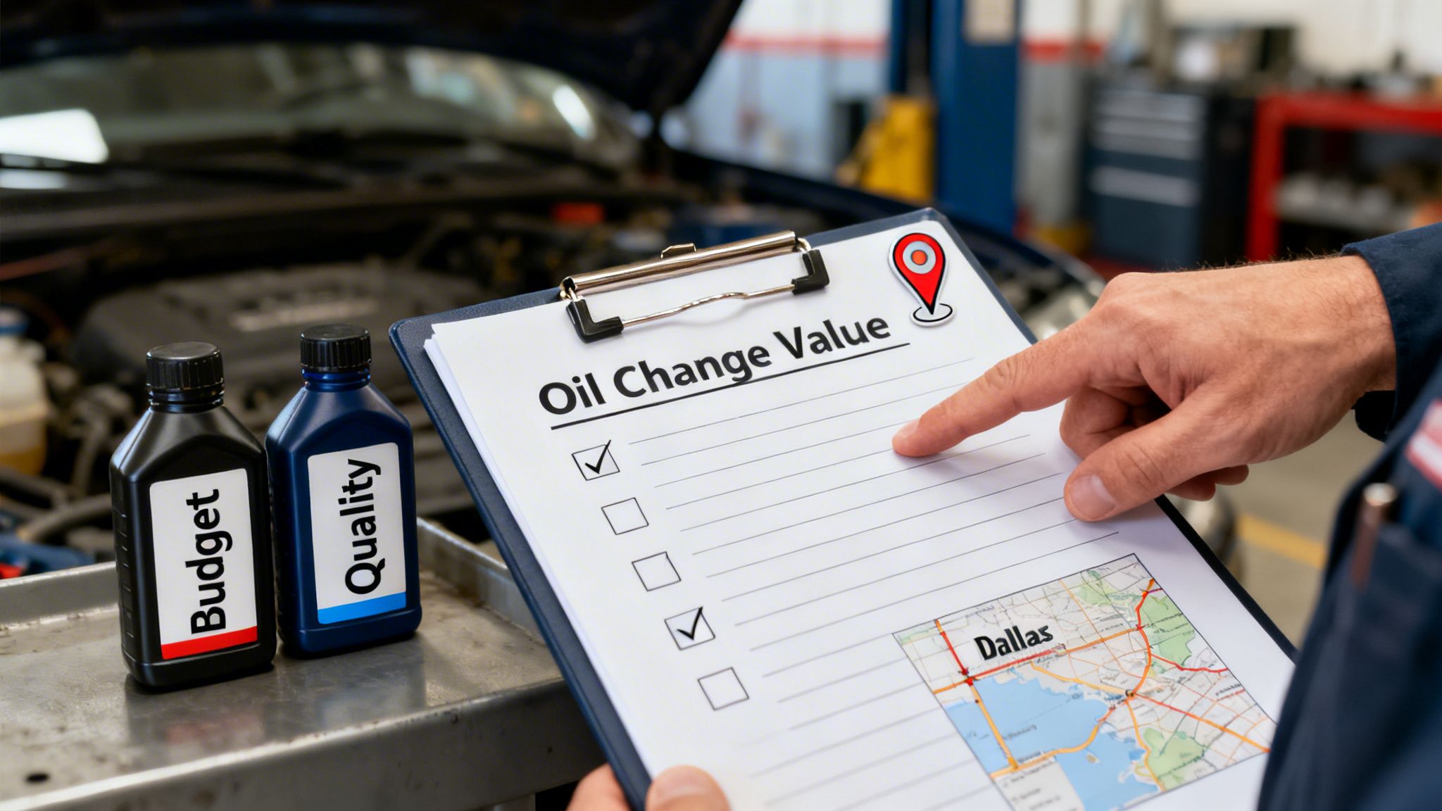 A mechanic's hand points at an "Oil Change Value" checklist with "Budget" and "Quality" oil bottles.