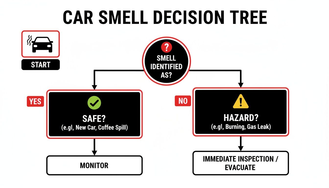 A flowchart titled 'Car Smell Decision Tree' guiding on how to react to smells.