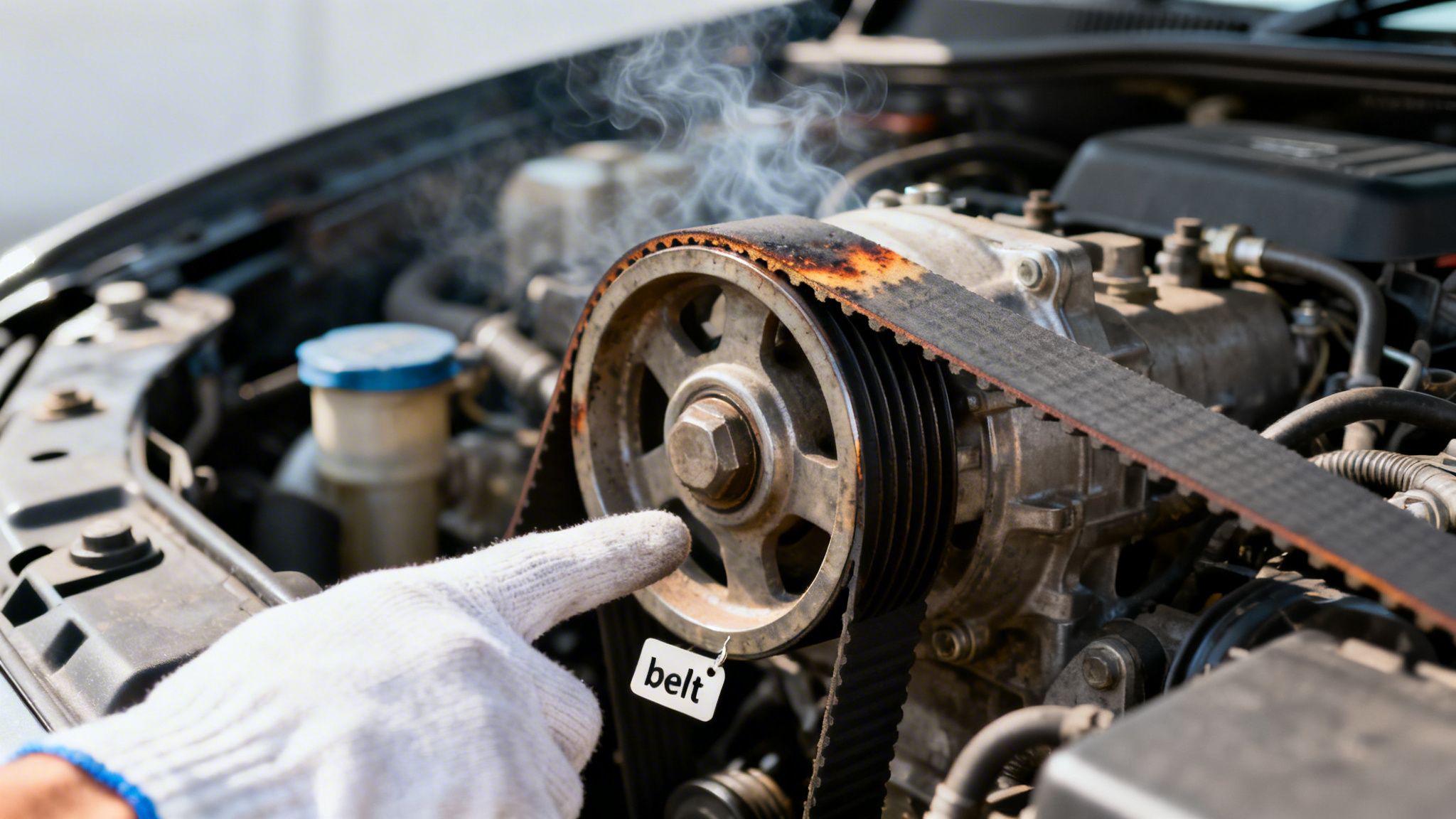 A gloved hand points to a smoking, rusty car engine belt, indicating a problem.