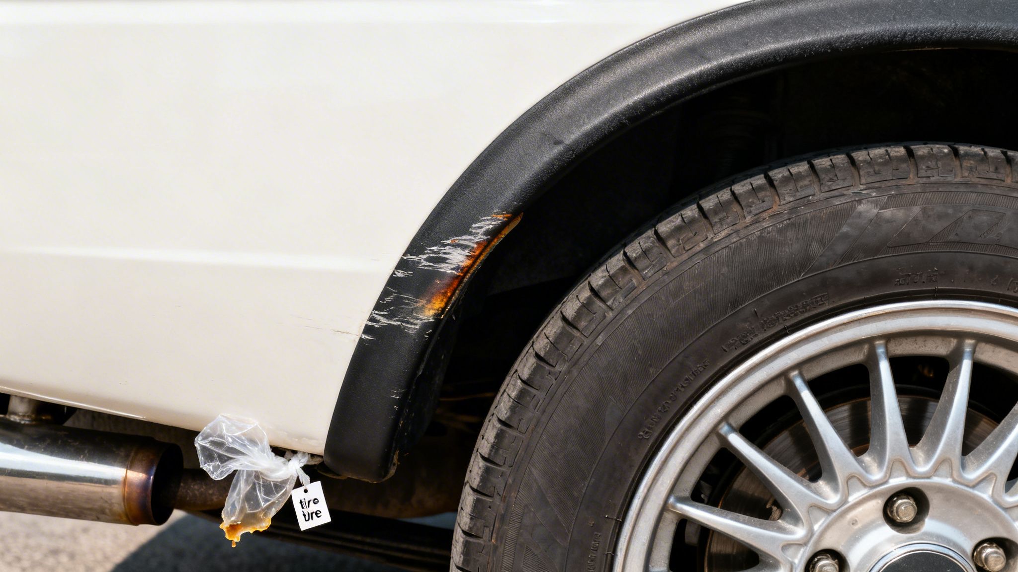 Close-up of a white car's rusty fender, wheel, and exhaust pipe with a 'tire' tag.