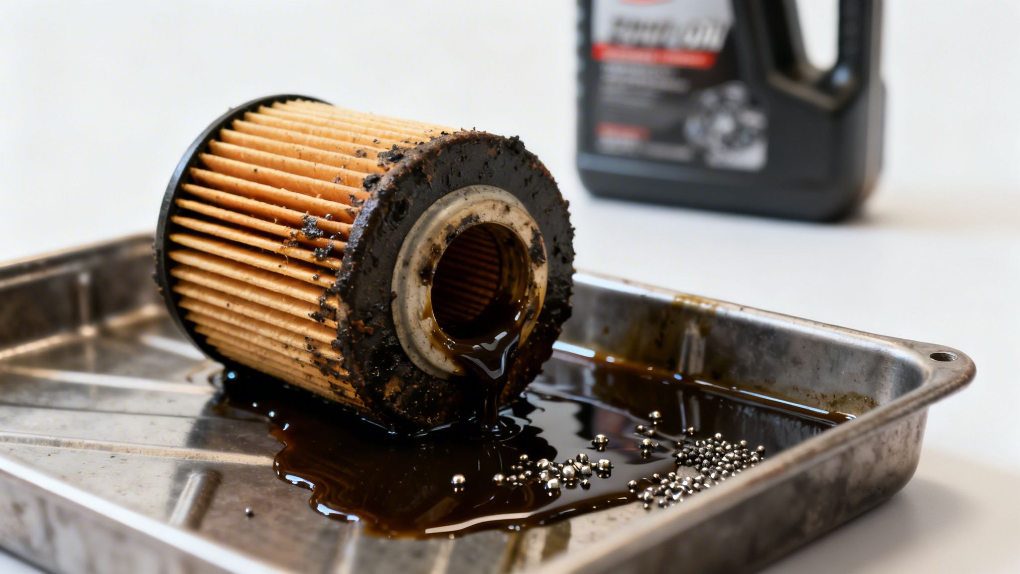 A heavily used and dirty oil filter dripping dark oil into a metal pan, with new engine oil in the background.