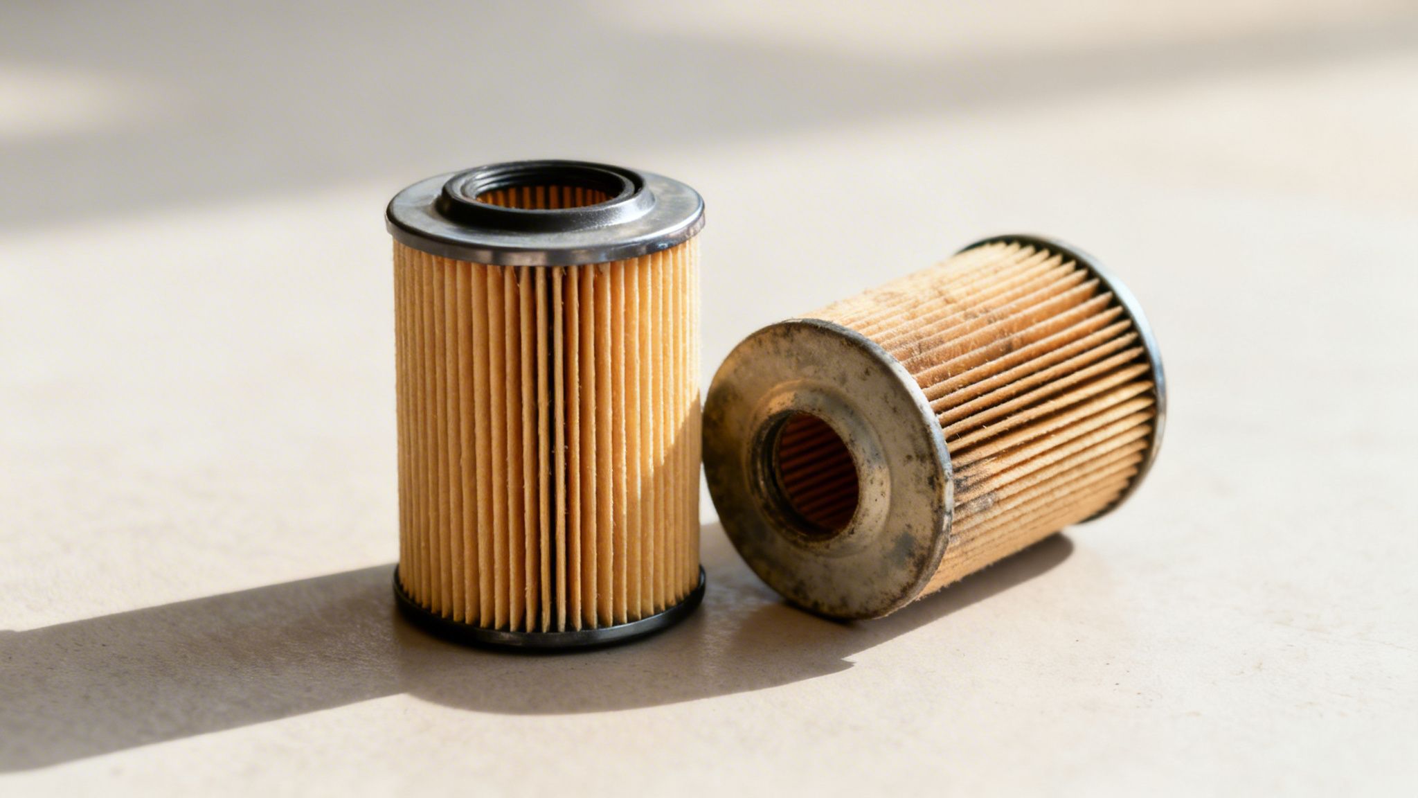 Close-up of a new and a dirty used car oil filter, illustrating the importance of replacement.