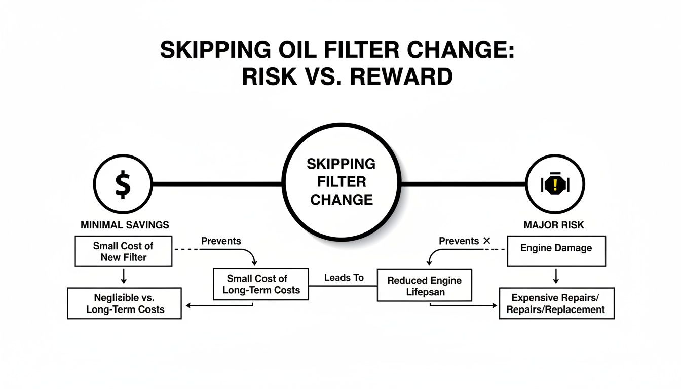 A flowchart showing the minimal savings versus major risks of not changing an oil filter.