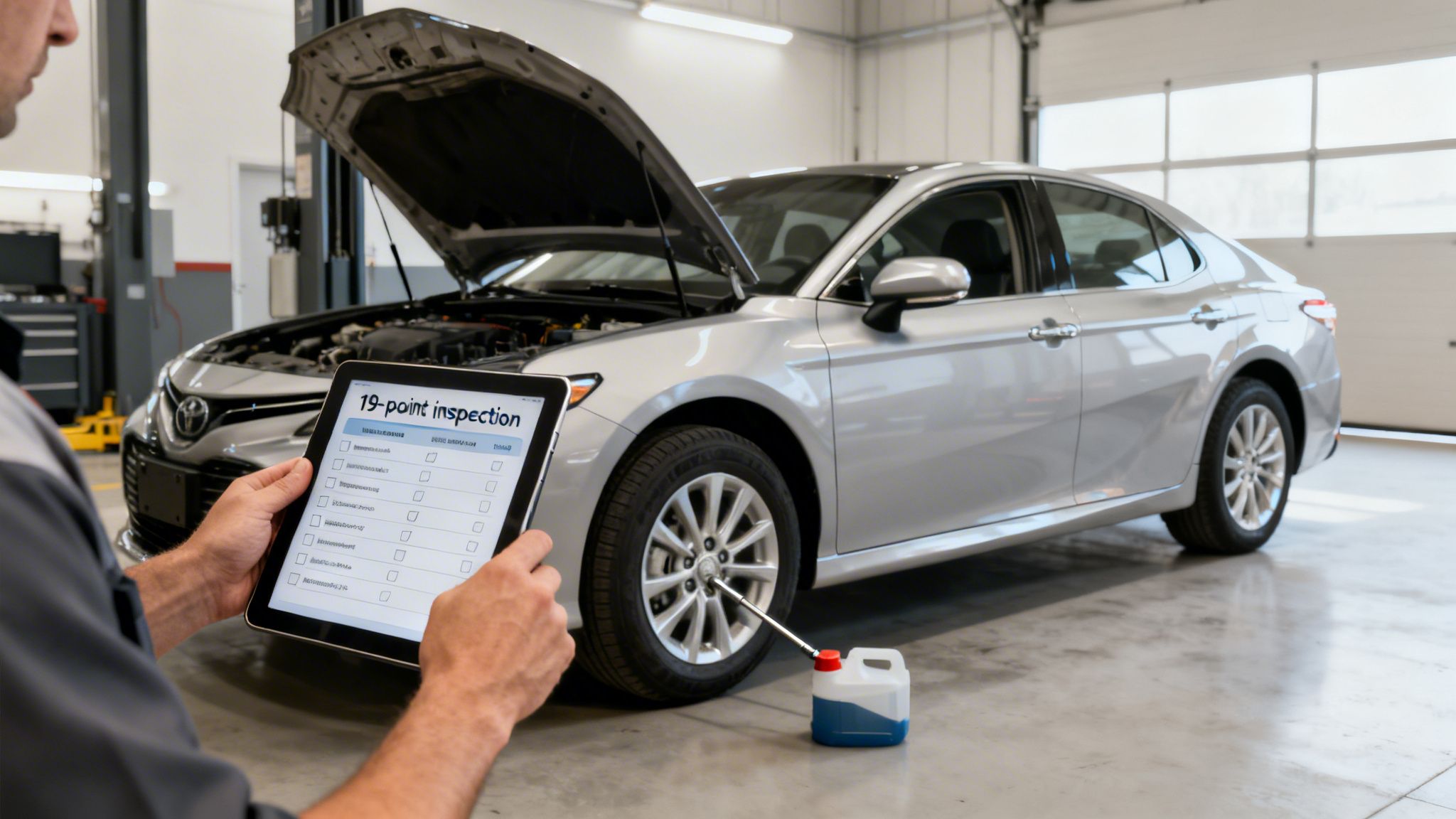 A mechanic holds a tablet with a 19-point inspection form in front of a silver car with its hood open.