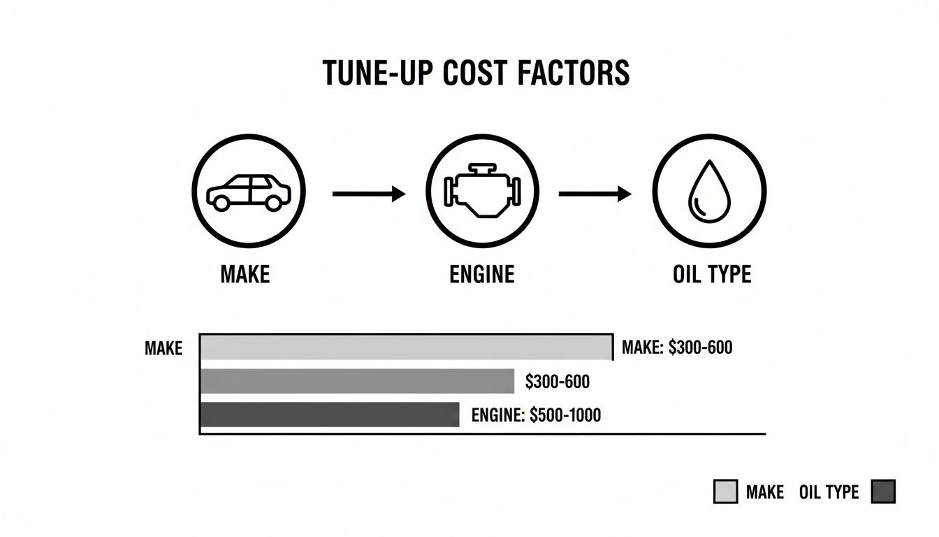 Infographic showing tune-up cost factors for cars, including make, engine, and oil type, with cost ranges.