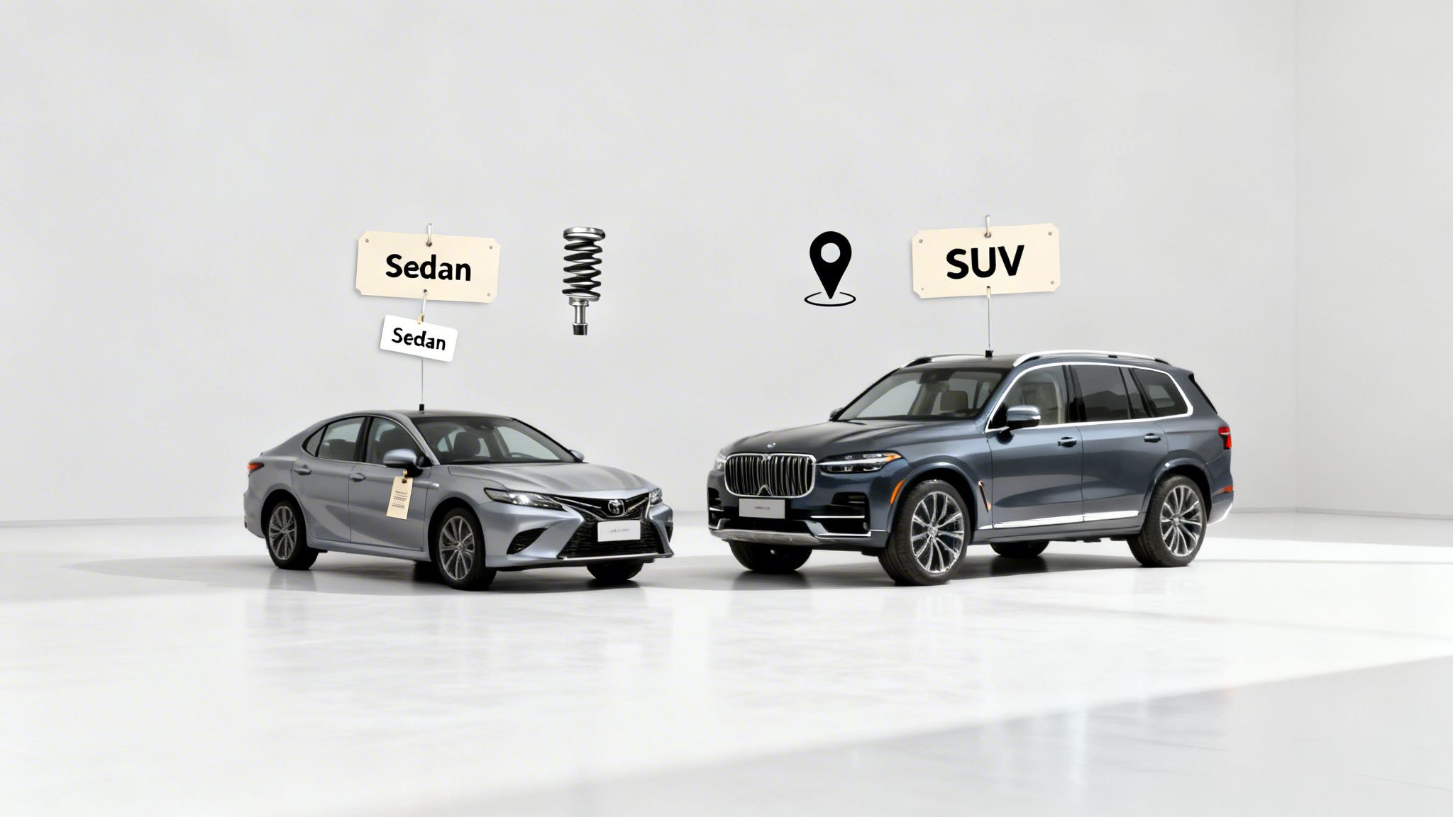A silver sedan and a dark grey SUV are displayed in a studio, each labeled with its car type.
