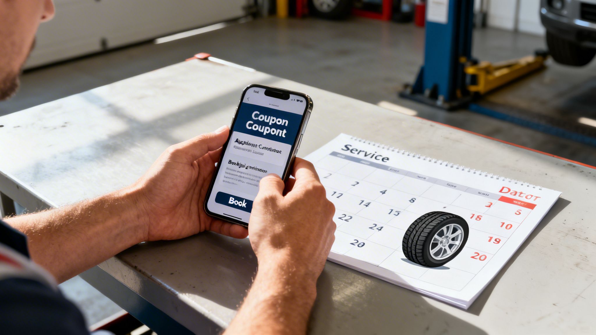 A person holds a smartphone displaying a coupon app, planning a car service appointment with a calendar showing a tire.