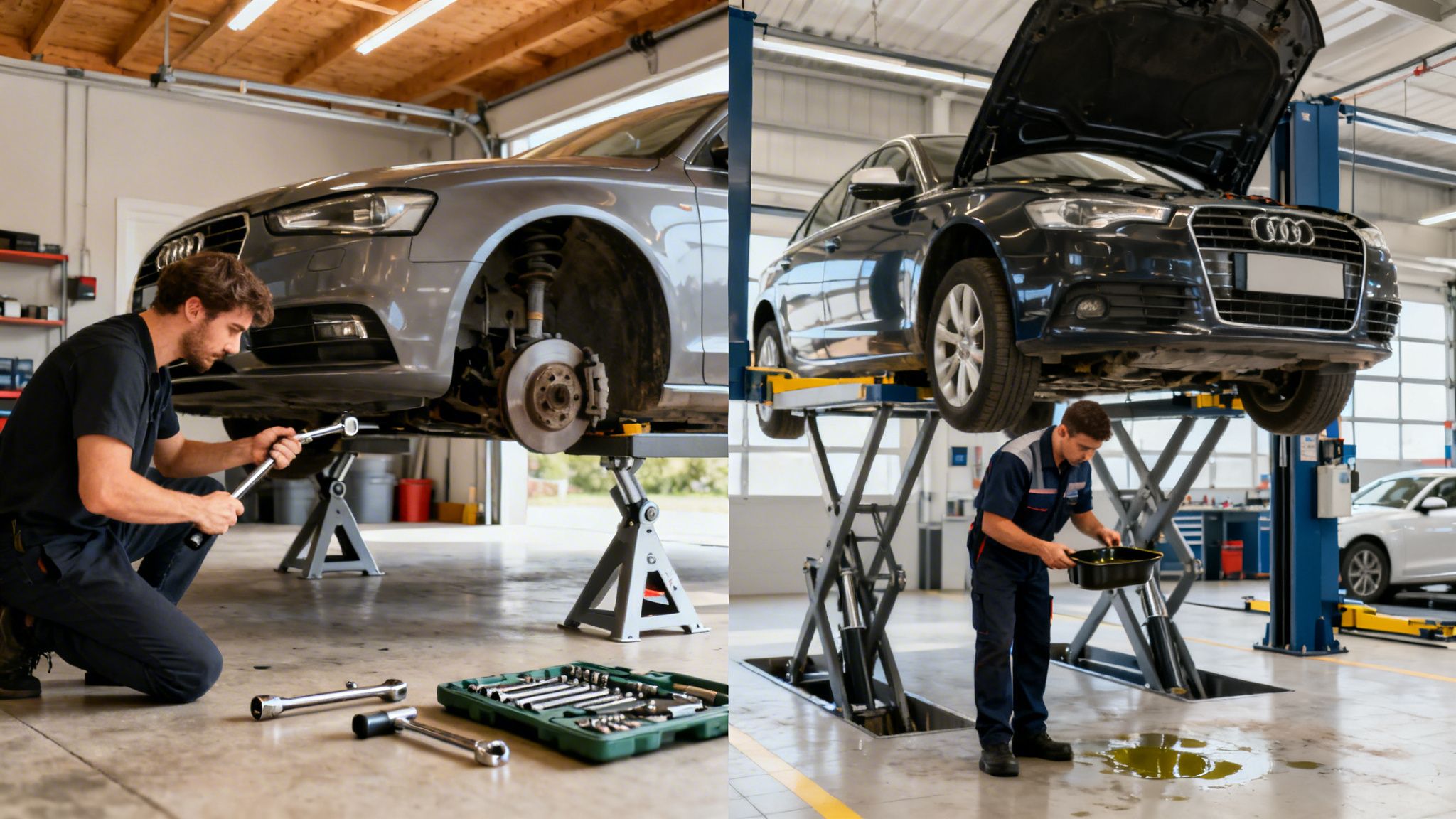 Two mechanics work on Audi cars in a garage, one repairing a wheel, the other draining oil.