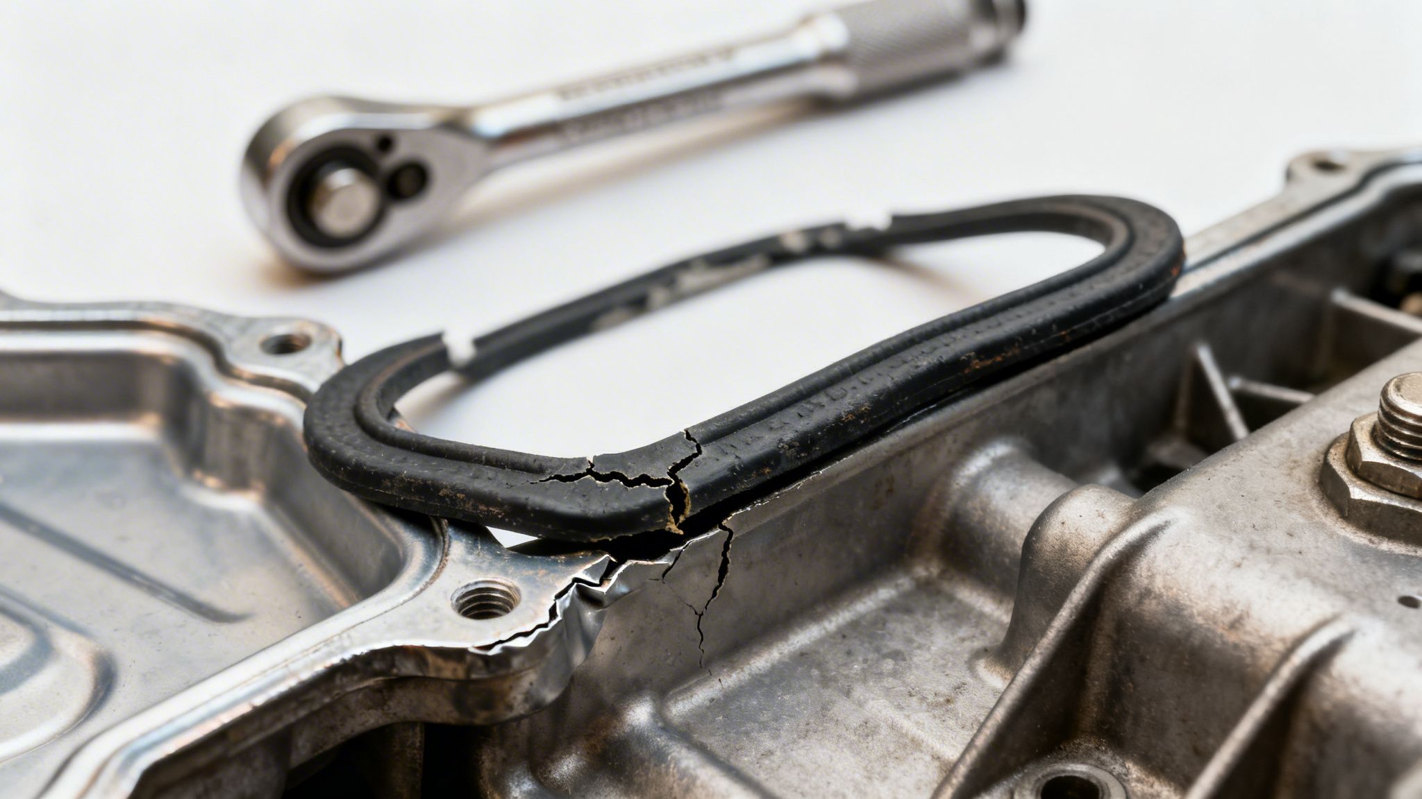 Close-up of a severely cracked rubber gasket and damaged metal component, with a ratchet tool in the background.