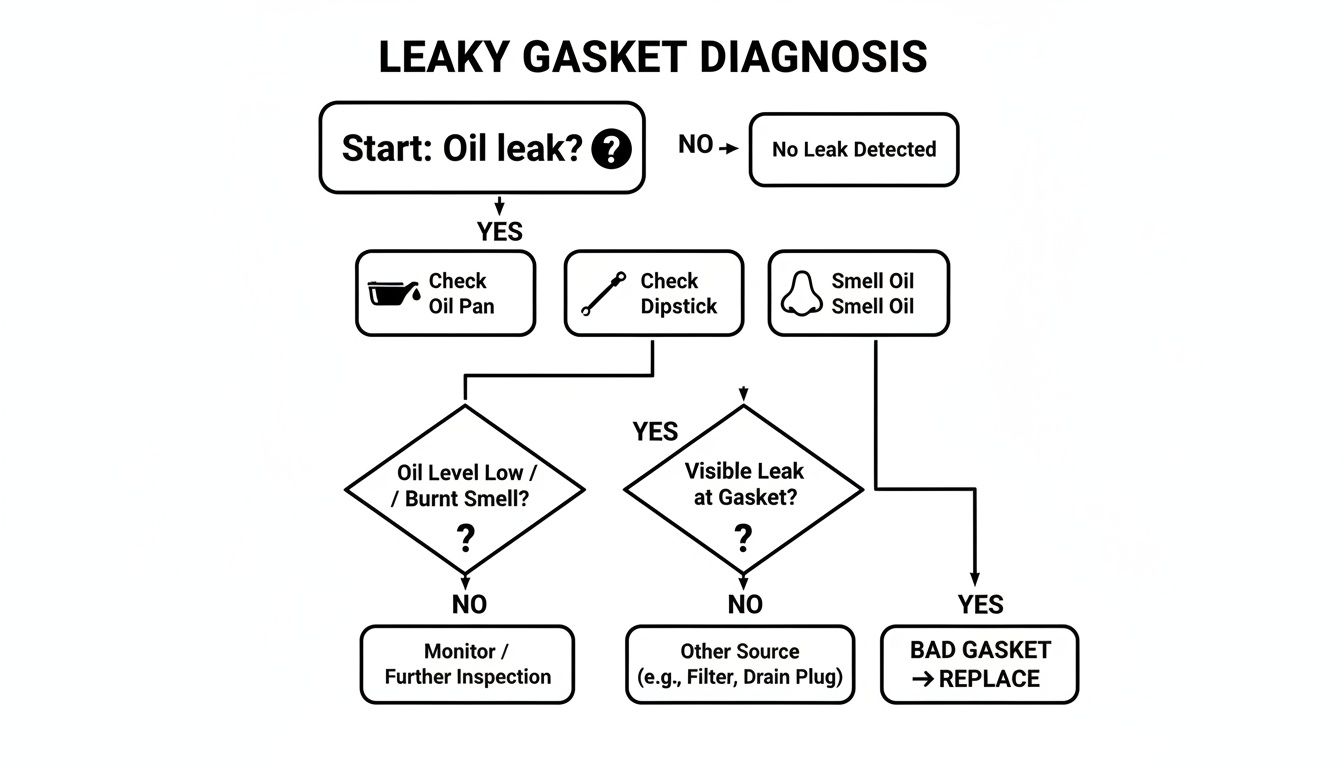 Flowchart for diagnosing a leaky gasket, checking oil levels, smells, and visible leaks to determine if replacement is needed.