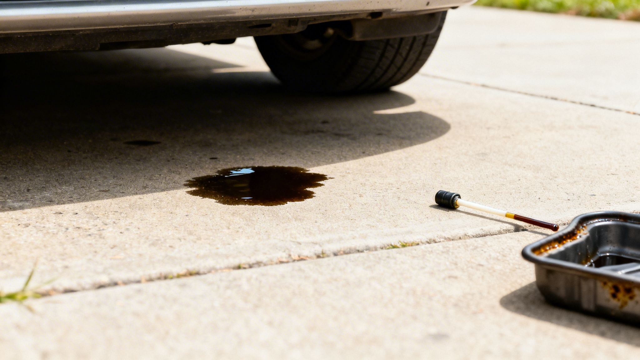 Dark engine oil has leaked onto concrete from a car, with a used oil pan and dipstick nearby.