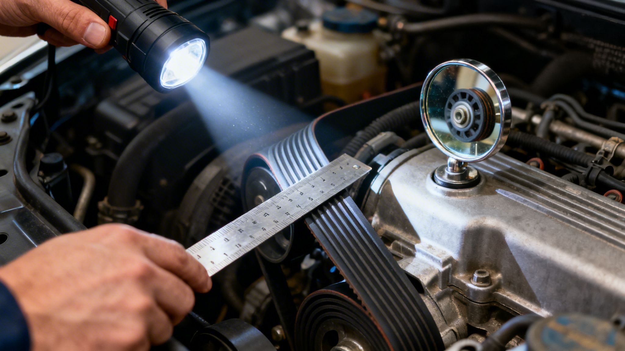Mechanic inspecting a car's serpentine belt with a flashlight and ruler.