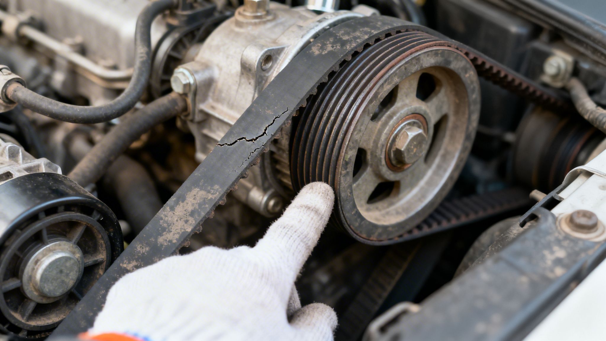 A gloved hand points to a severely cracked and worn serpentine belt in a dirty car engine, indicating a need for repair.