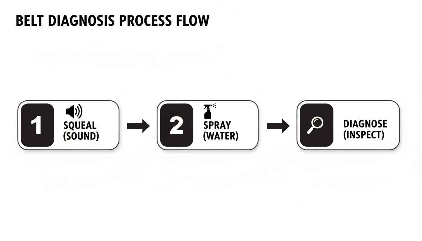 A flowchart showing the serpentine belt diagnosis process: Squeal (sound), Spray (water), then Diagnose (inspect).