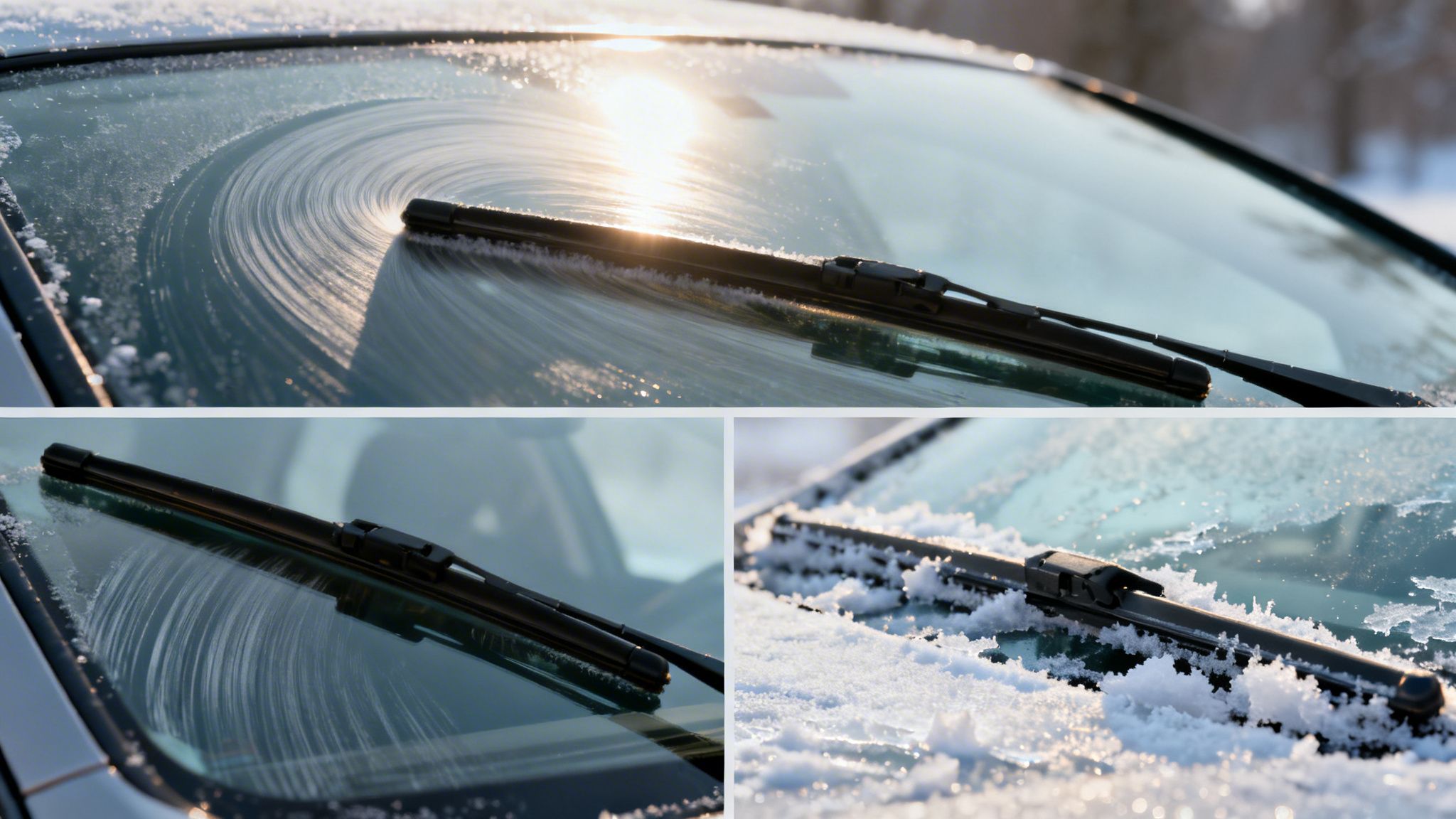 Car windshield covered in snow and ice, with wipers clearing a path, reflecting winter sunlight.