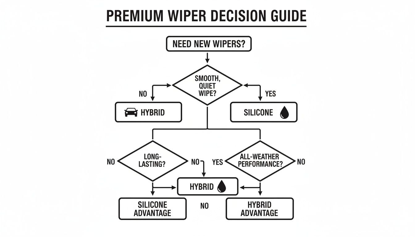 Flowchart for selecting premium windshield wipers, comparing hybrid and silicone types based on performance.