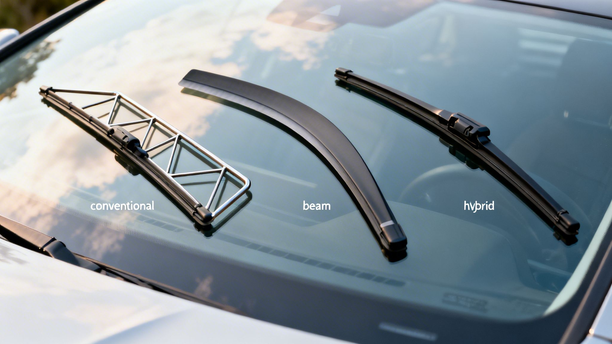 Three different types of car windshield wipers: conventional, beam, and hybrid, displayed on a car.