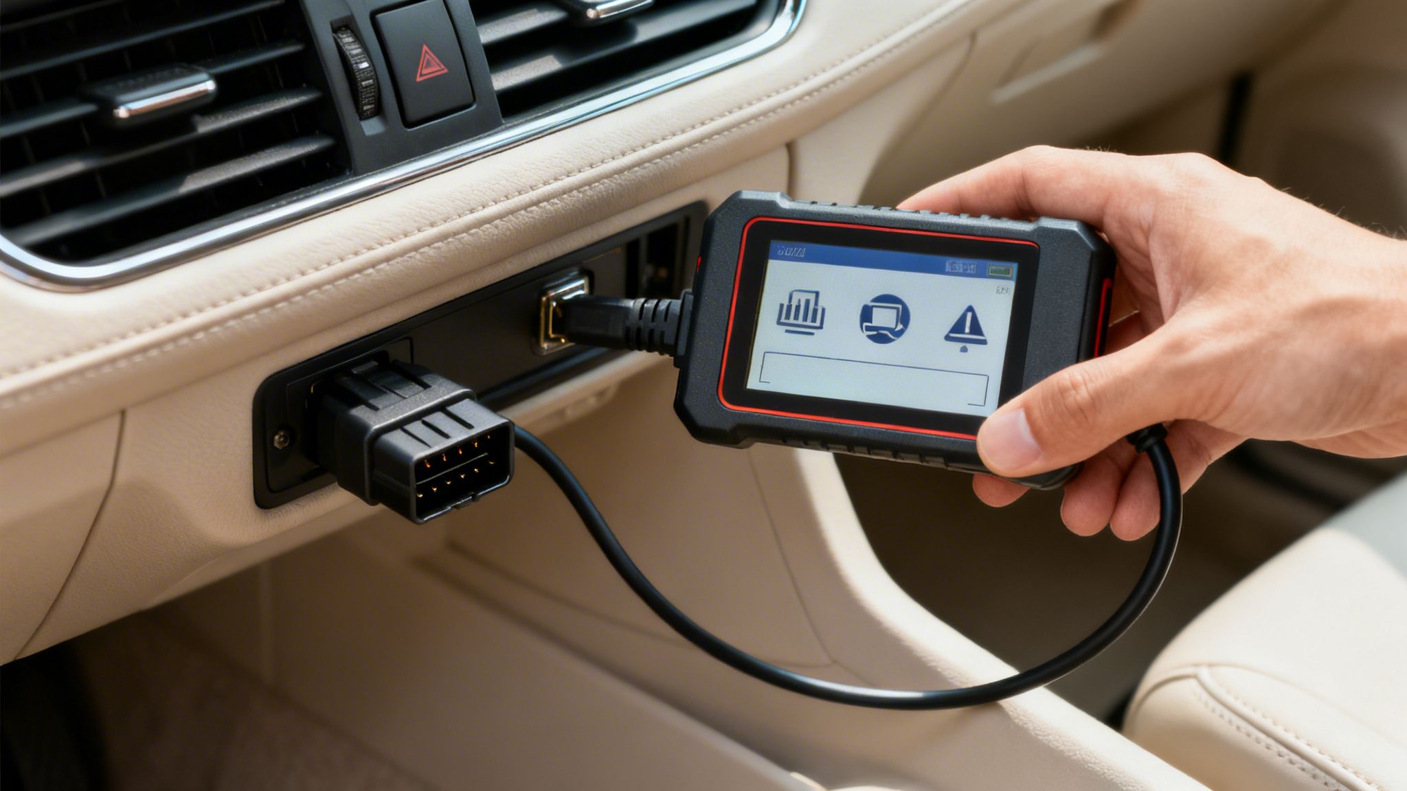 A hand connects an automotive diagnostic scanner to a car's OBD-II port.