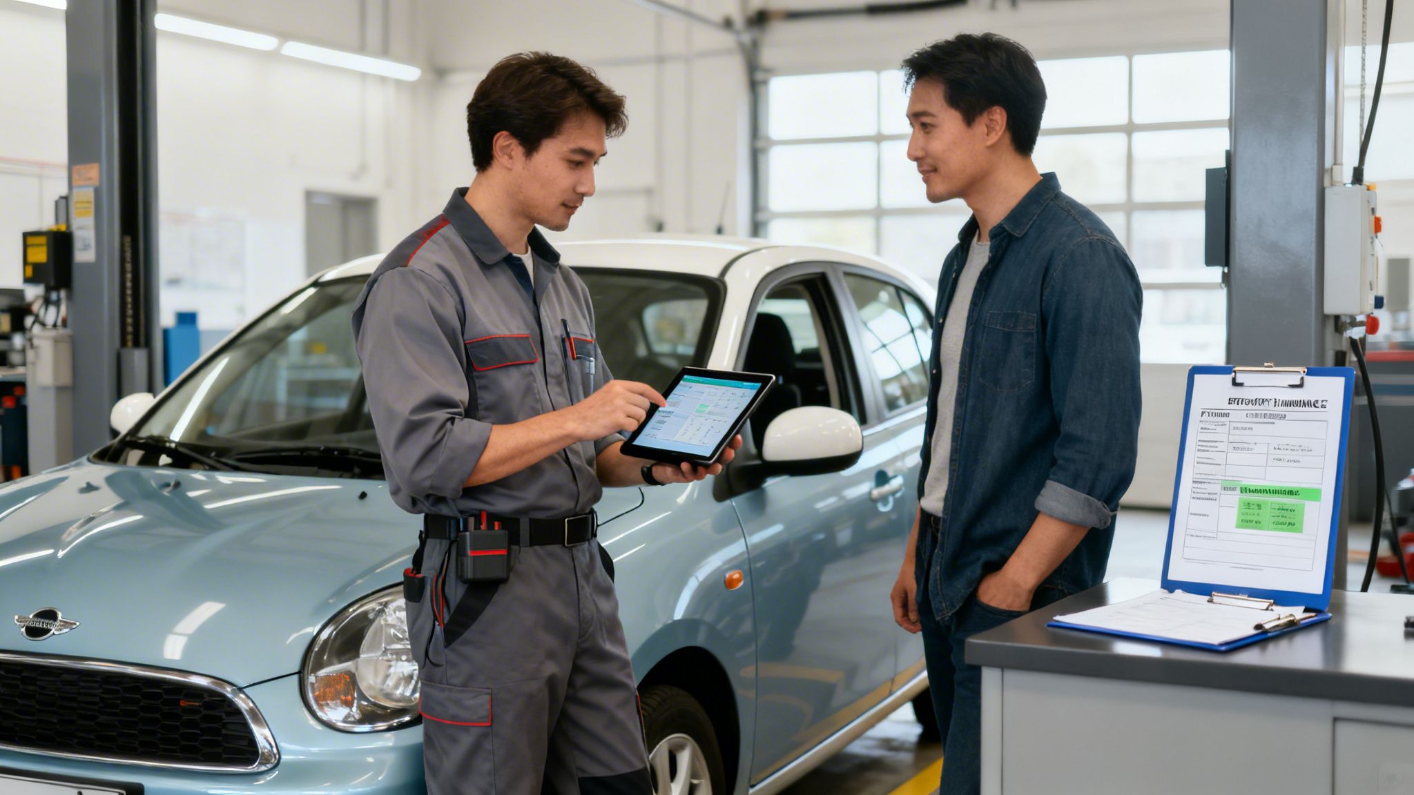 A mechanic shows a customer car inspection results on a tablet in a service center.