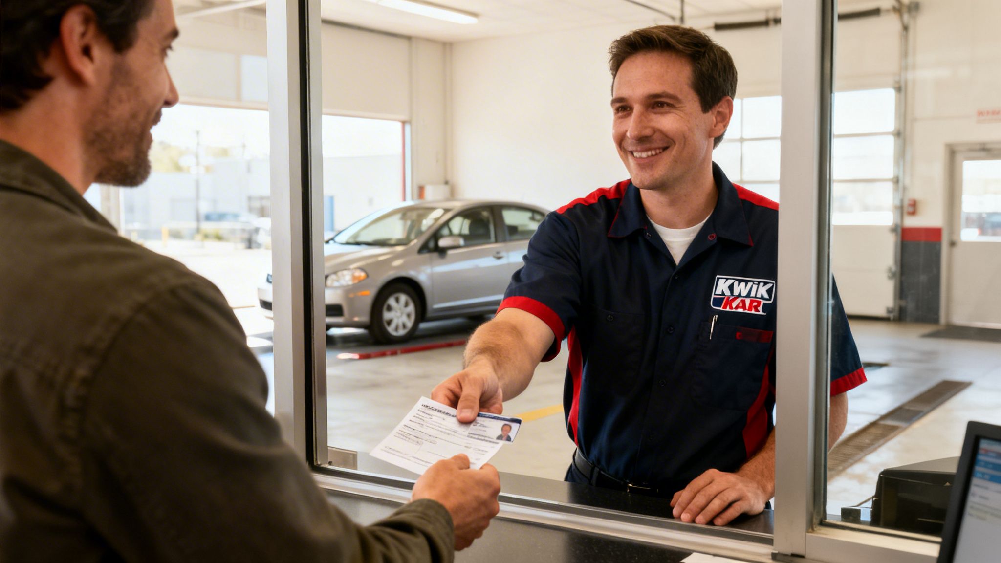 A Kwik Kar technician smiles while handing a service document to a customer at a service counter.