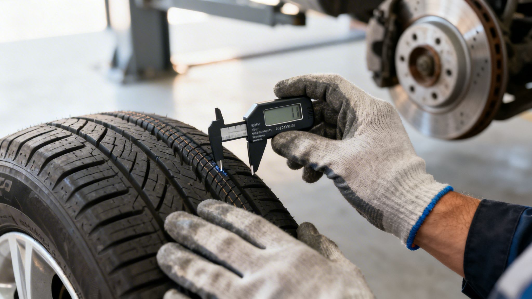 Gloved mechanic measures tire tread depth with a digital caliper in an auto repair shop.