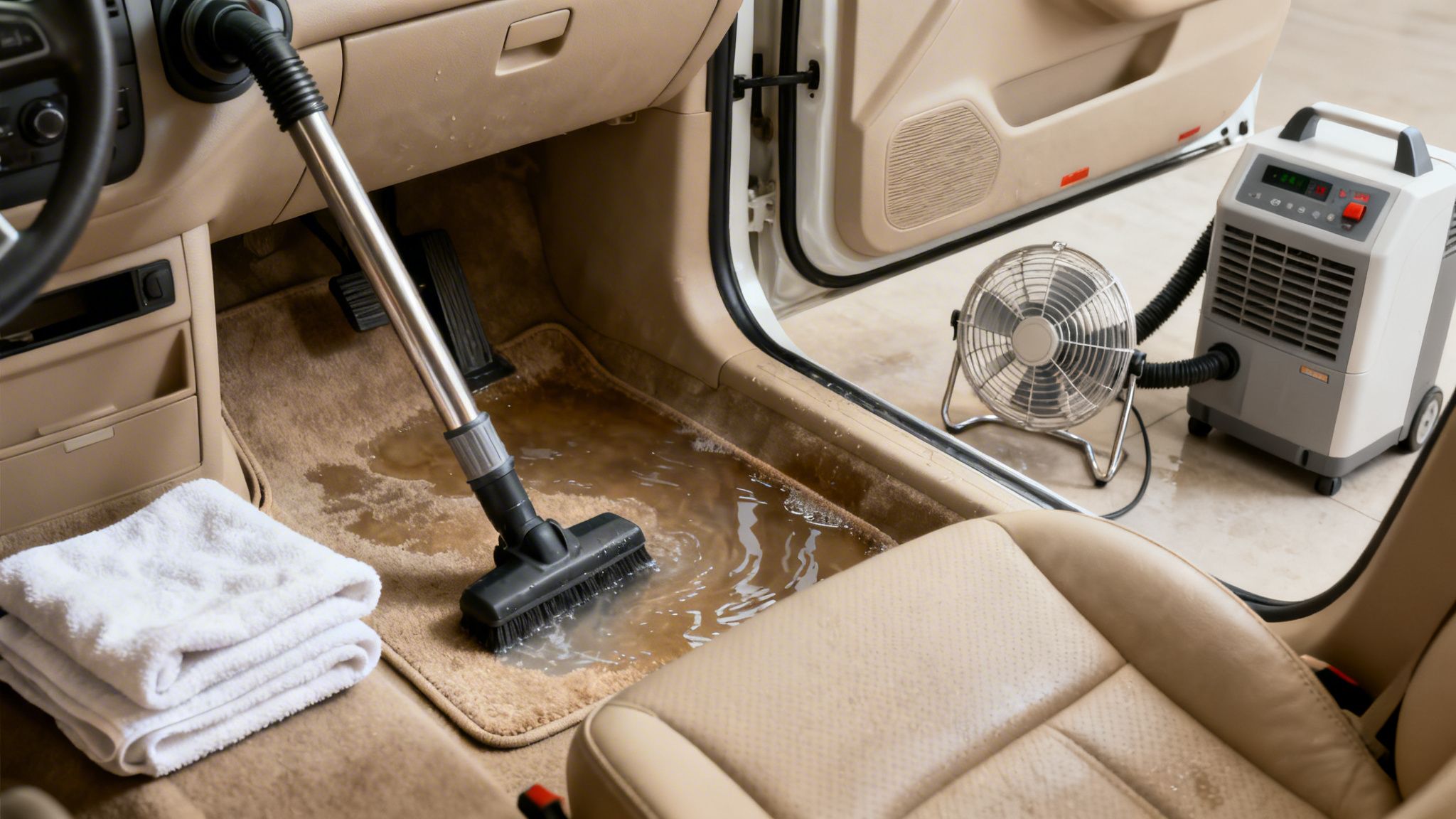 A wet vacuum cleaning dirty water from a car's beige floor, with a fan and dehumidifier.