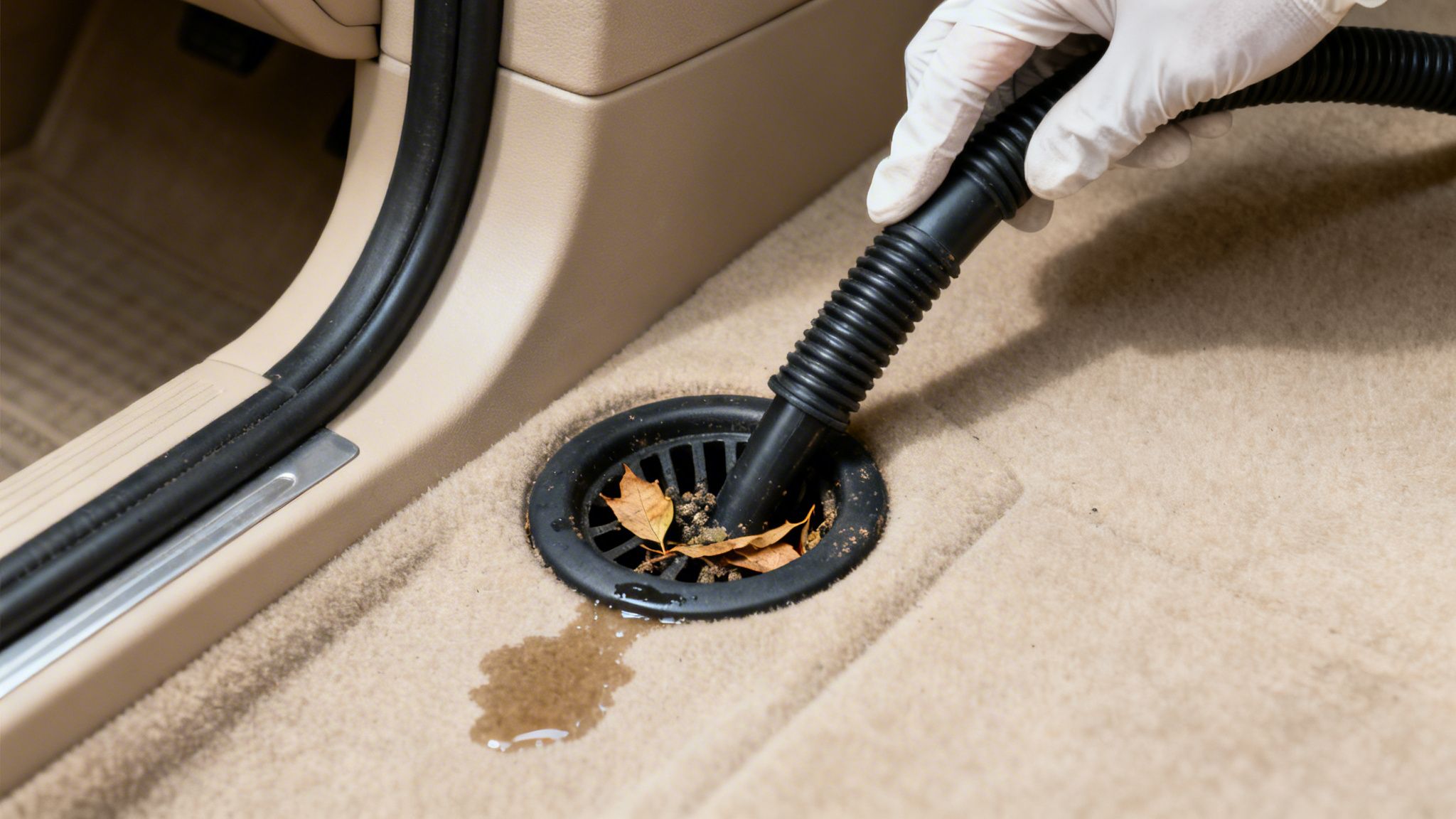 Gloved hand vacuuming water and leaves from a car's beige carpet drain.