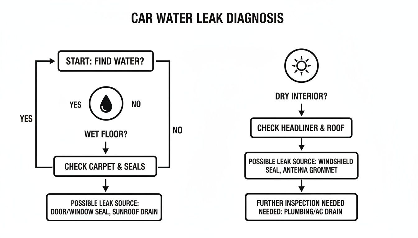 Flowchart for car water leak diagnosis, showing steps for wet floor or dry interior, identifying leak sources.