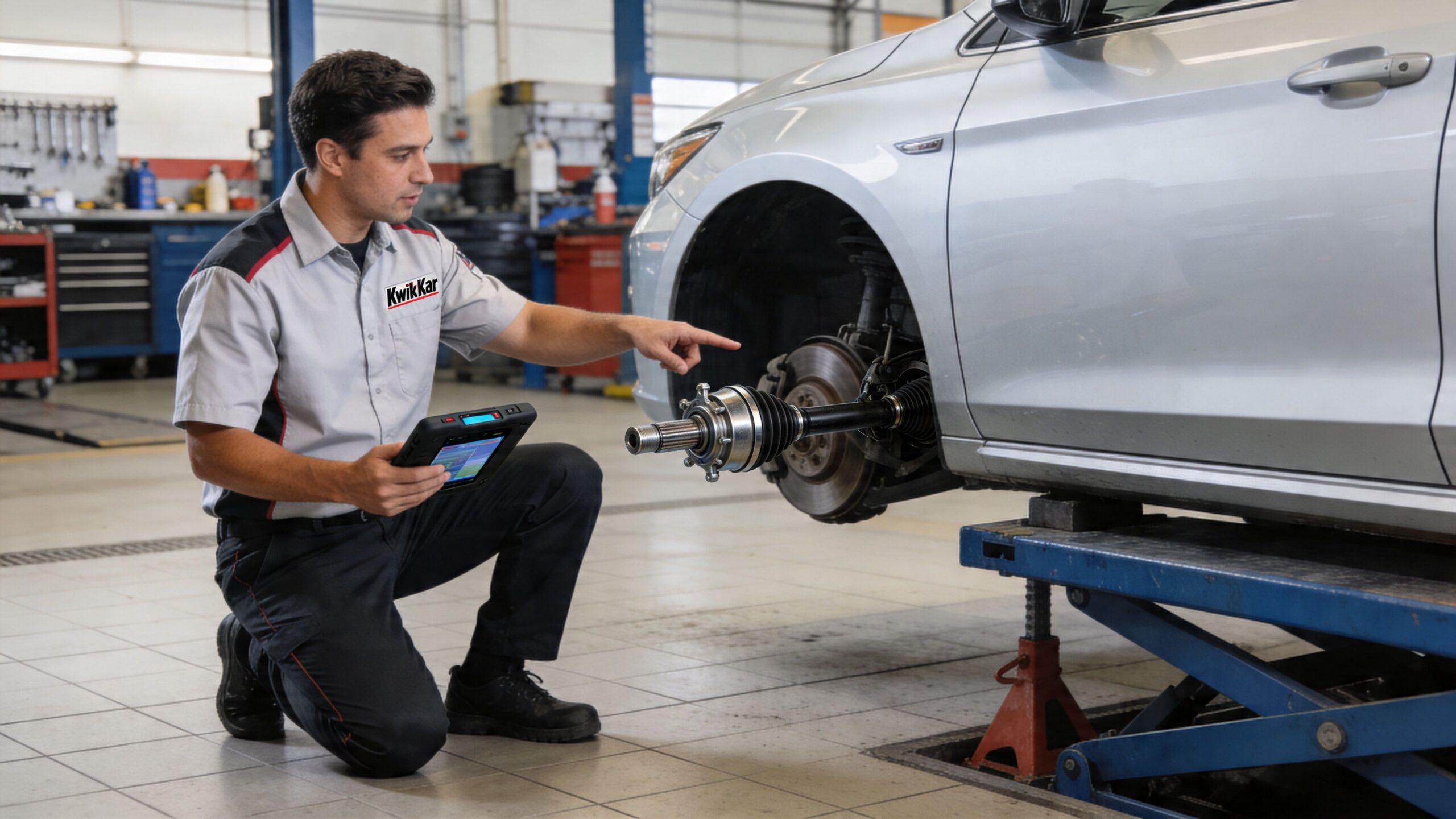 A professional mechanic in a Kwik Kar uniform kneeling and inspecting a car axle shaft with a tablet.