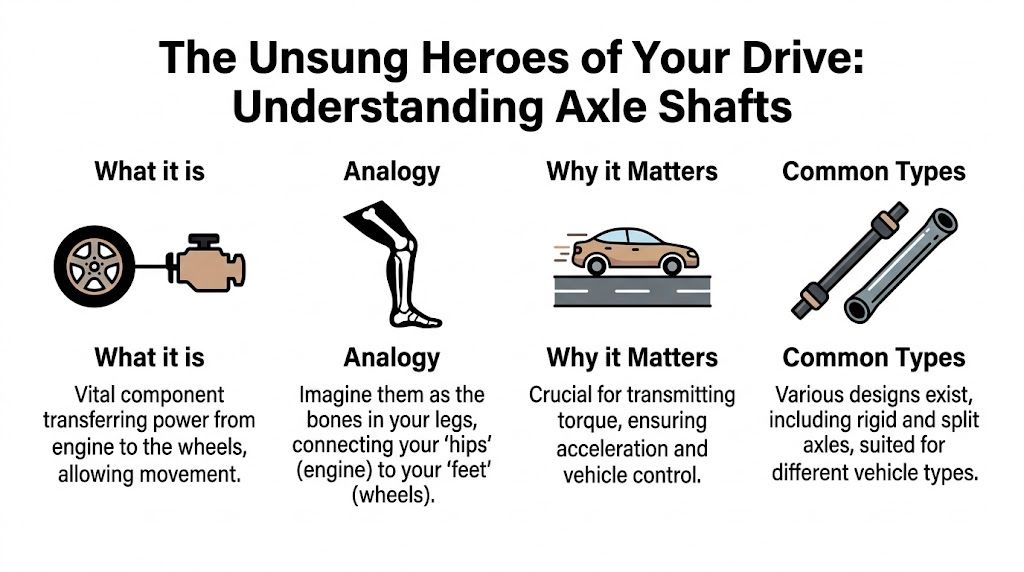 An educational infographic explaining the function, analogy, and types of axle shafts in vehicles.