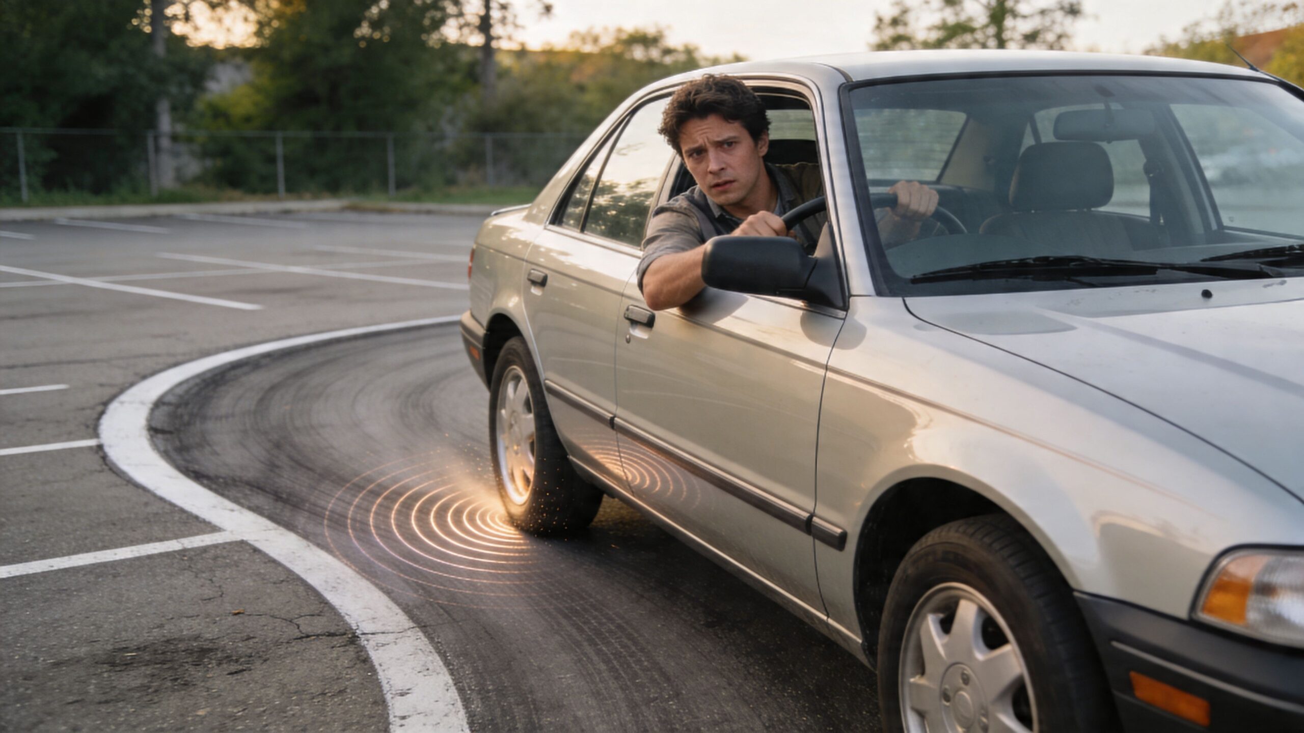 A concerned driver maneuvers a silver sedan around a curve, highlighting potential car suspension and axle issues.