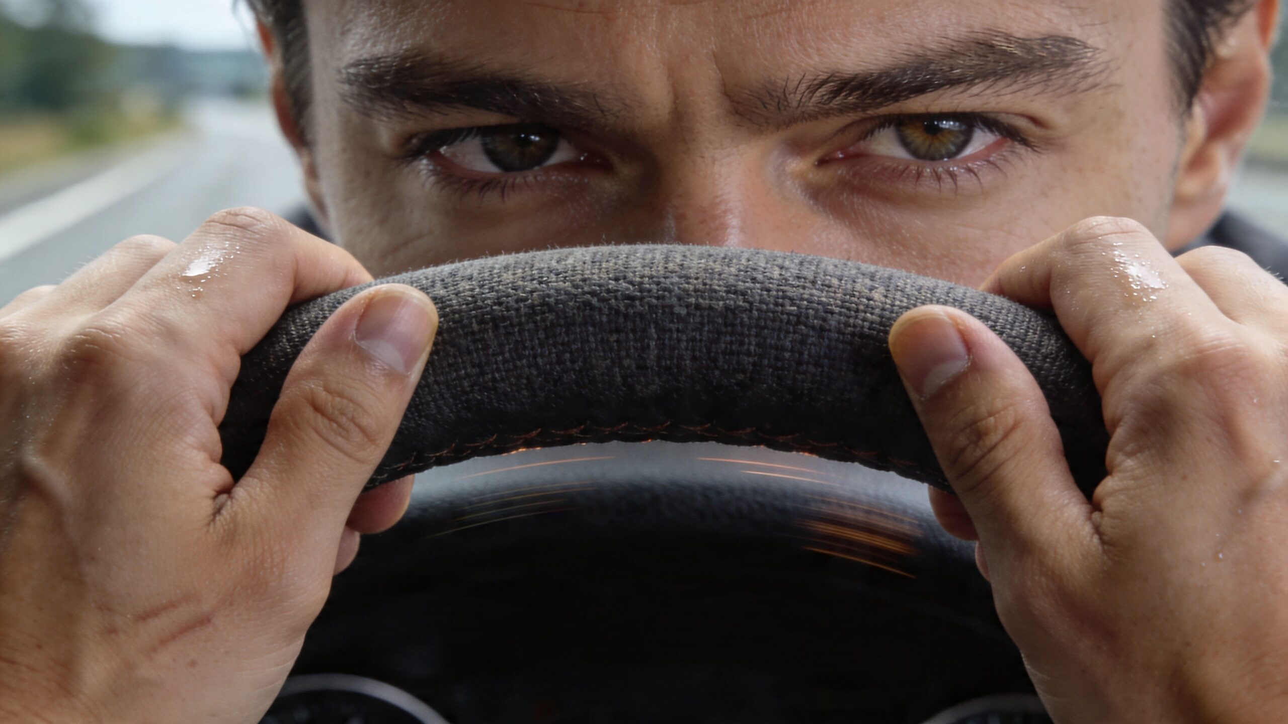 A close-up shot of a focused man gripping the steering wheel while driving a vehicle on road.