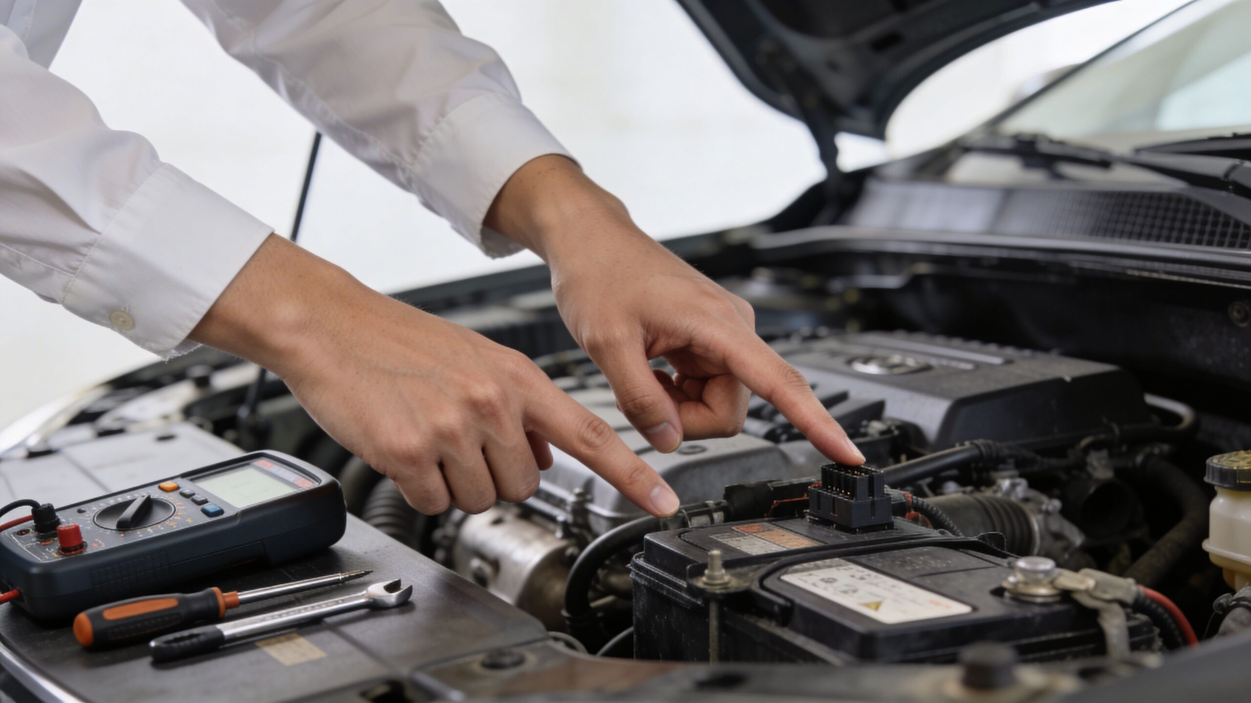 A mechanic inspecting and testing a car battery with a multimeter under the open vehicle hood.