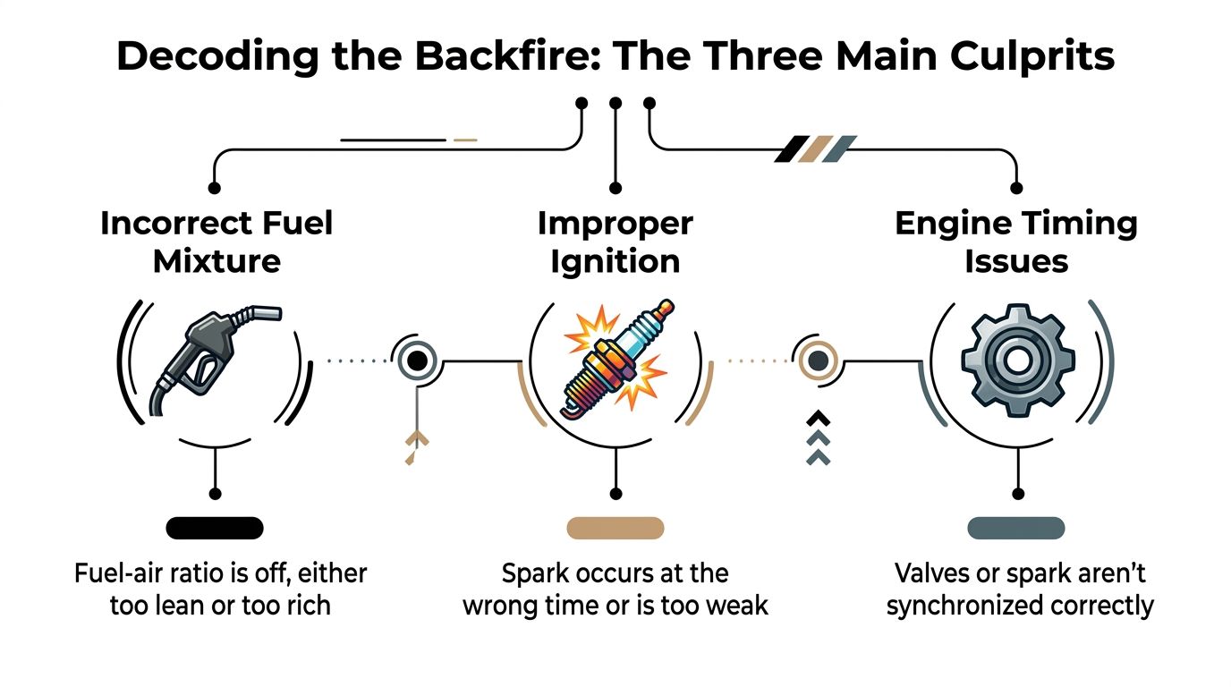 An infographic titled Decoding the Backfire explaining three main causes including incorrect fuel mixture, improper ignition, and engine timing issues.