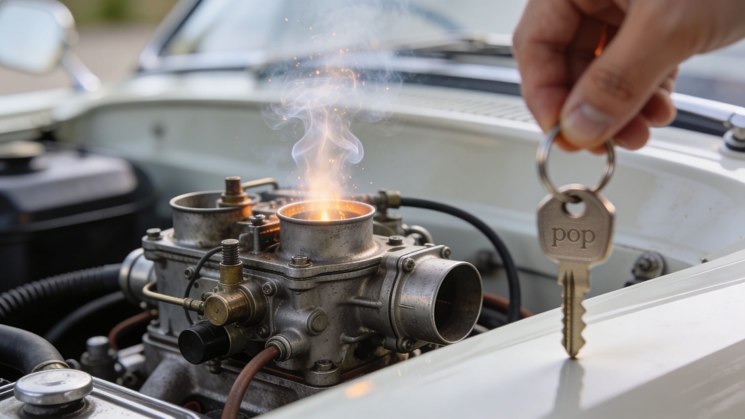A car engine carburetor backfiring with flames and smoke as a hand holds a metal key.