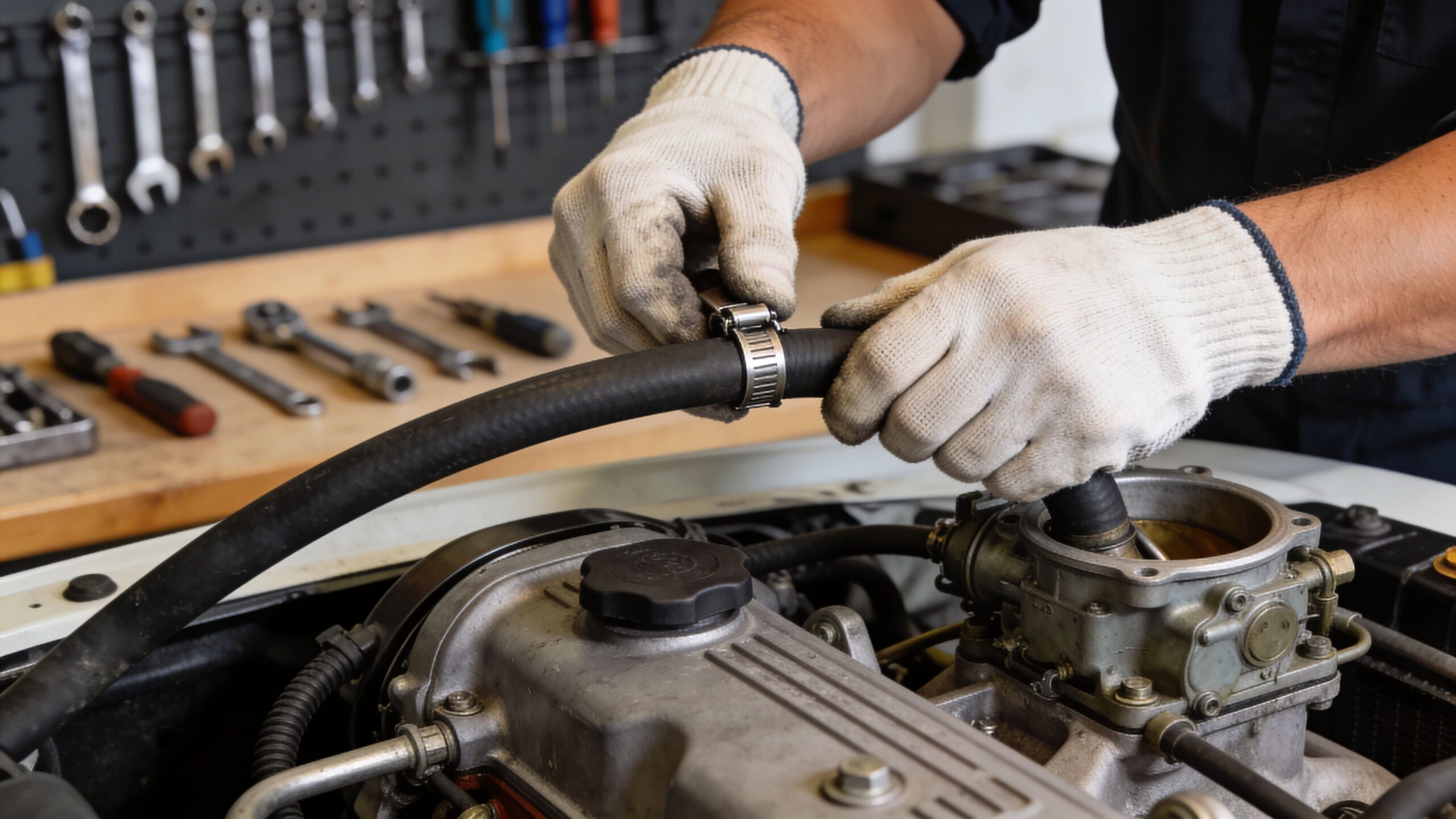 A mechanic wearing work gloves installs a hose on an engine component during routine vehicle maintenance.