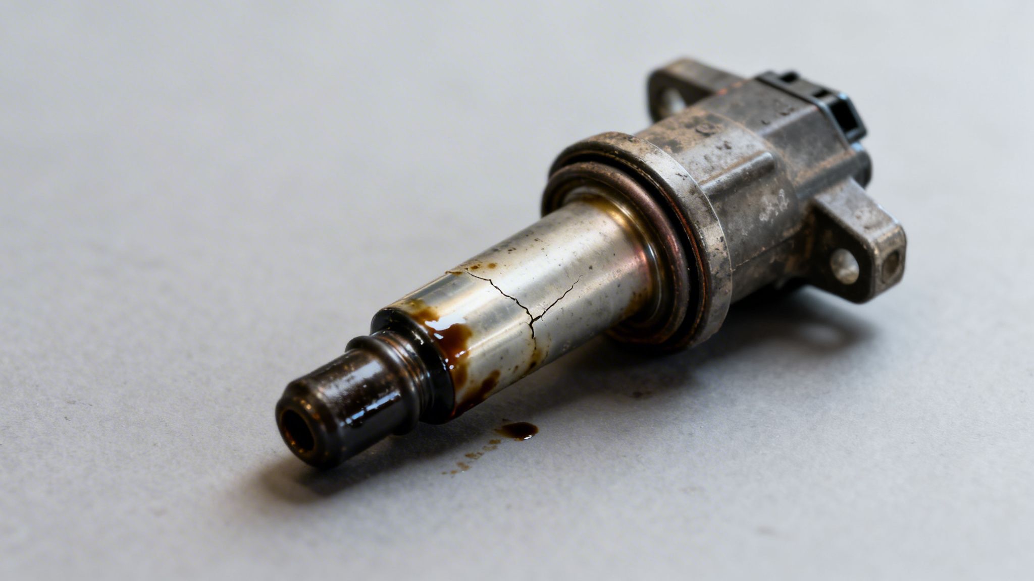 Close-up of a damaged and dirty car ignition coil with visible cracks and oil residue.