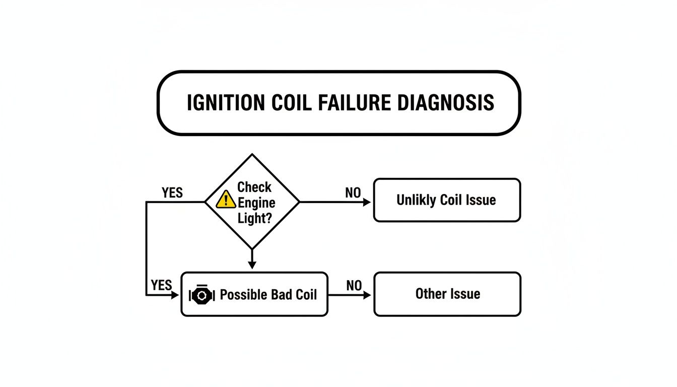A flowchart detailing ignition coil failure diagnosis, starting with checking the engine light.