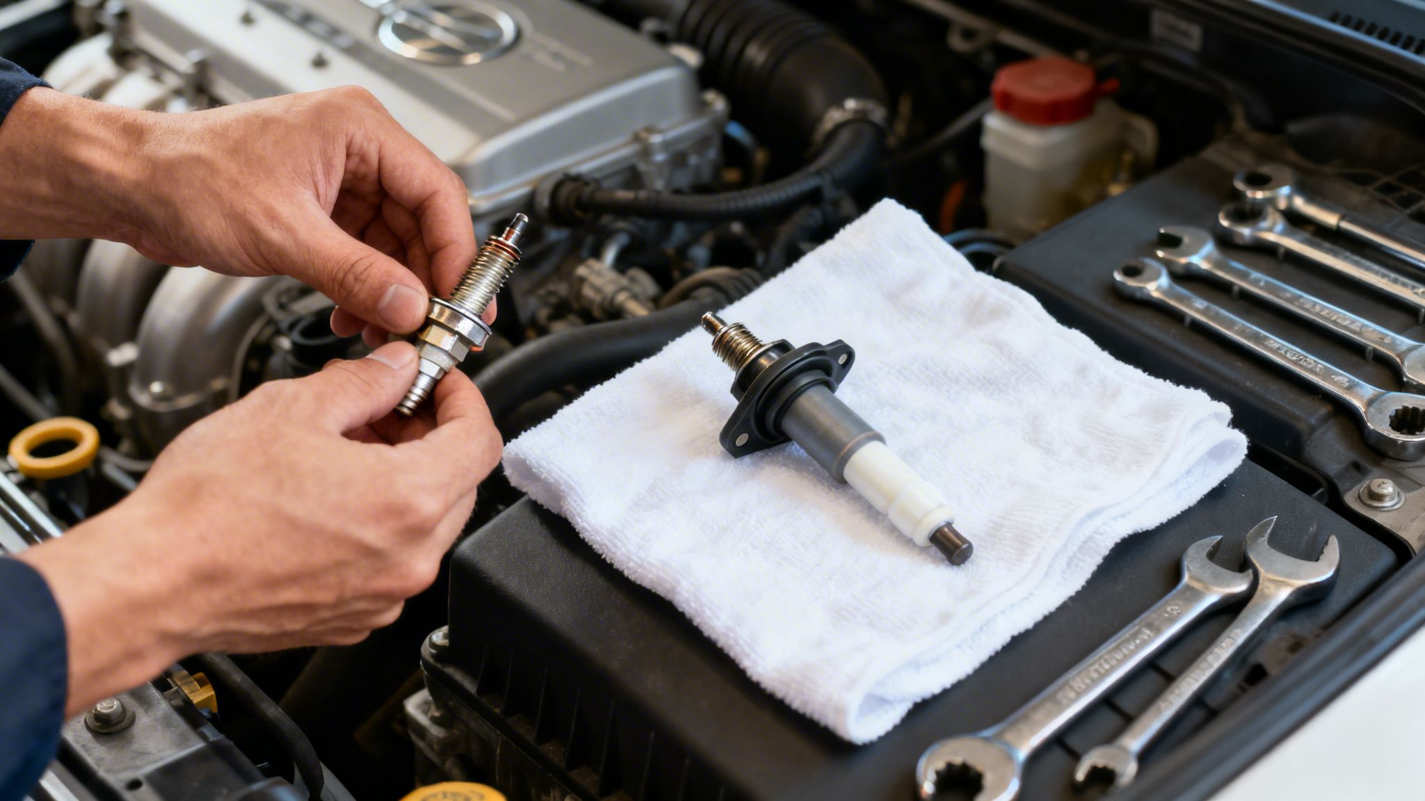 Close-up of mechanic's hands holding a spark plug during car engine maintenance with tools.