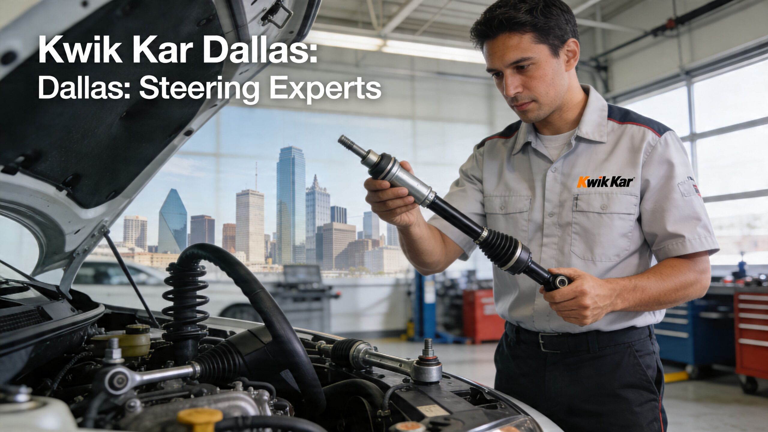 A professional mechanic examining a car suspension component with the Dallas skyline in the background.
