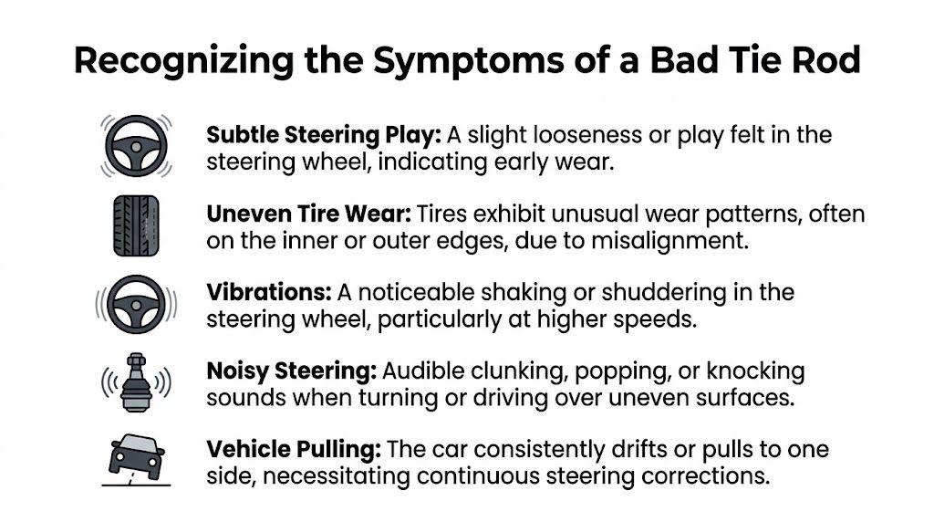 A list of five common symptoms of a bad tie rod, including steering issues and tire wear.