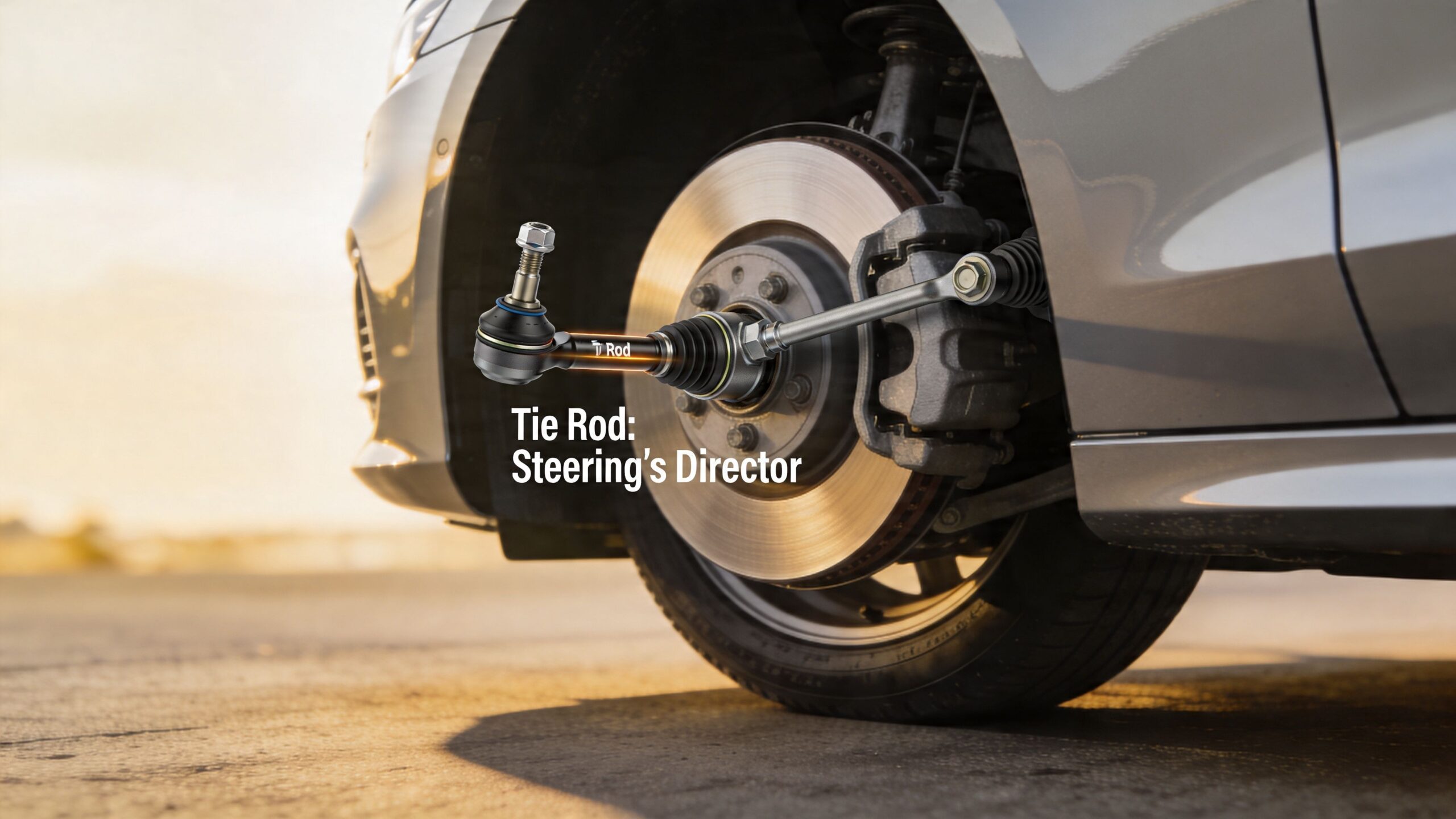 A close-up view of a car front wheel showing the tie rod component highlighted in the suspension.