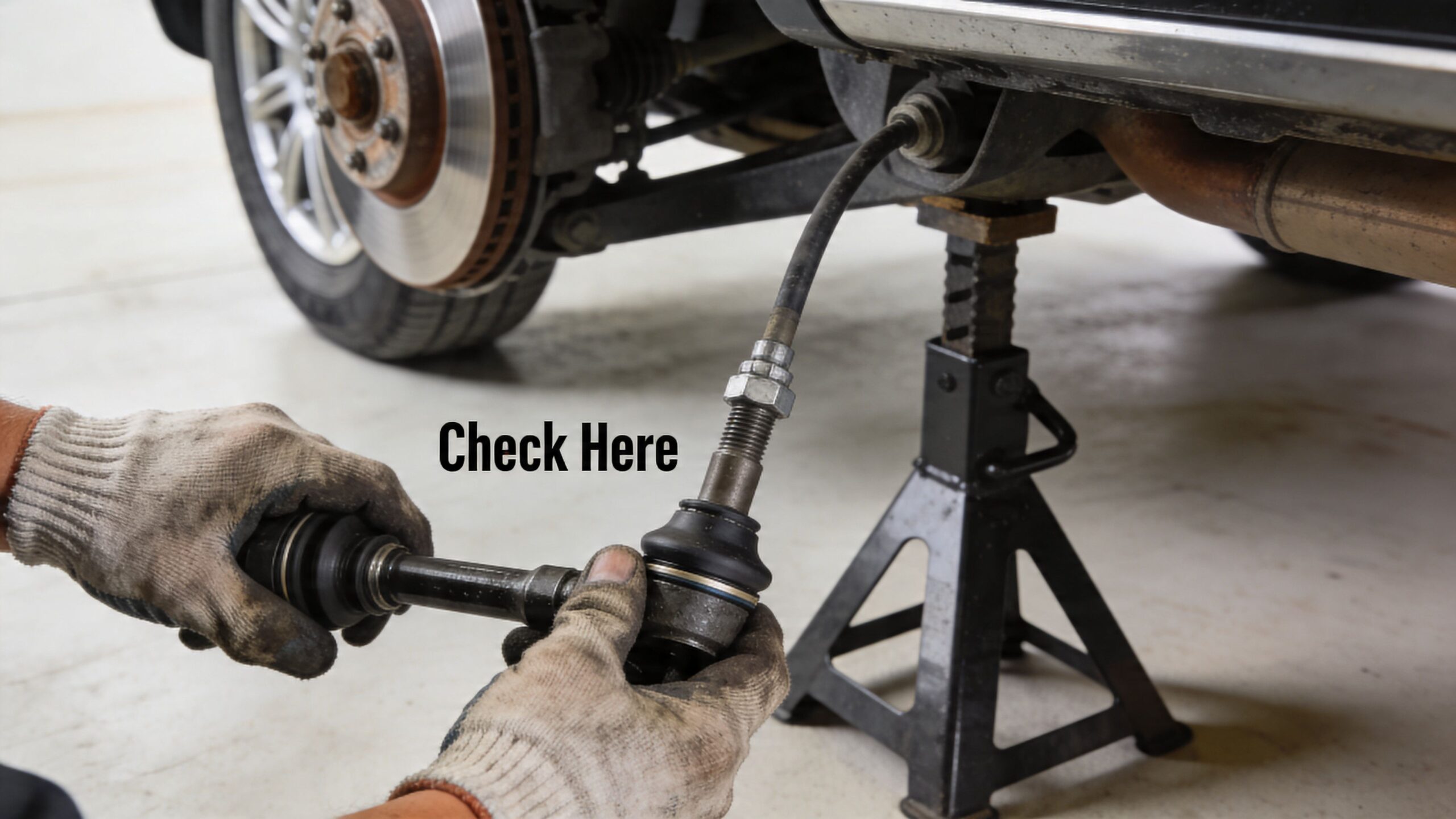 A mechanic holding a car tie rod end during a suspension repair in a vehicle garage.