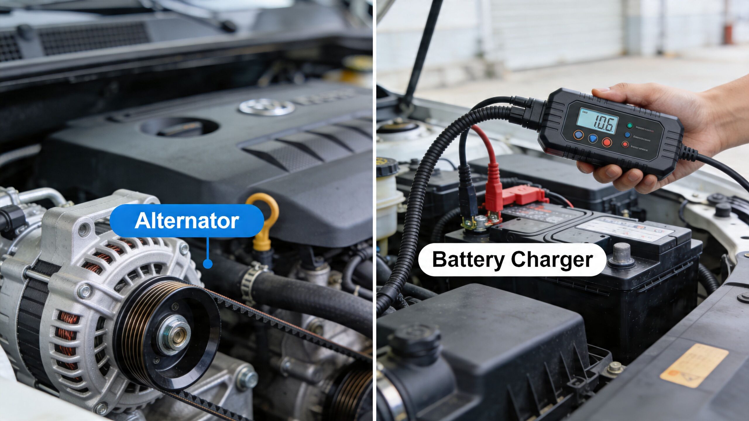 A split image showing a car alternator on the left and a battery charger connected to a battery.