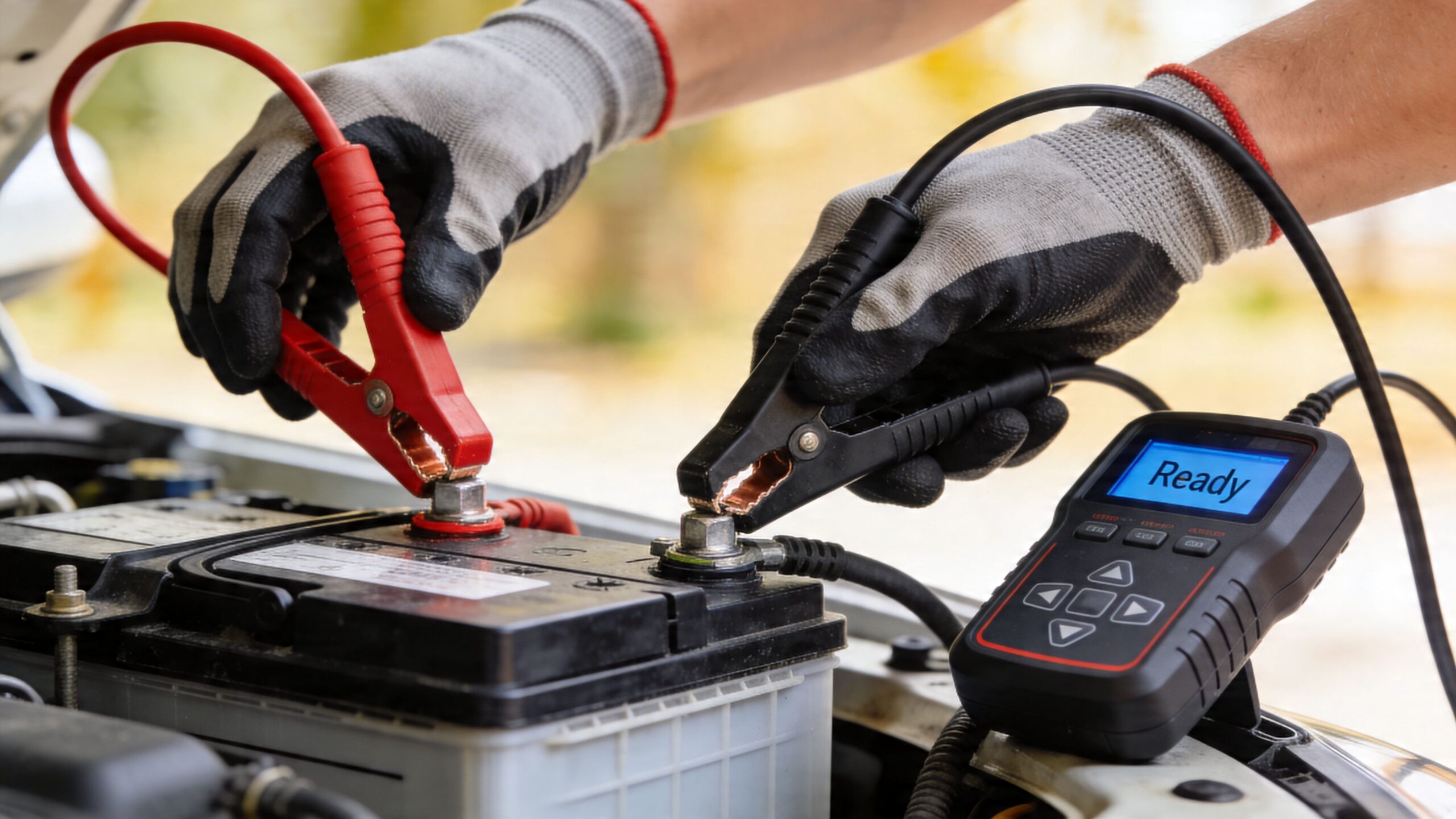 A pair of gloved hands attaching car battery tester clamps to the terminals of a vehicle battery.