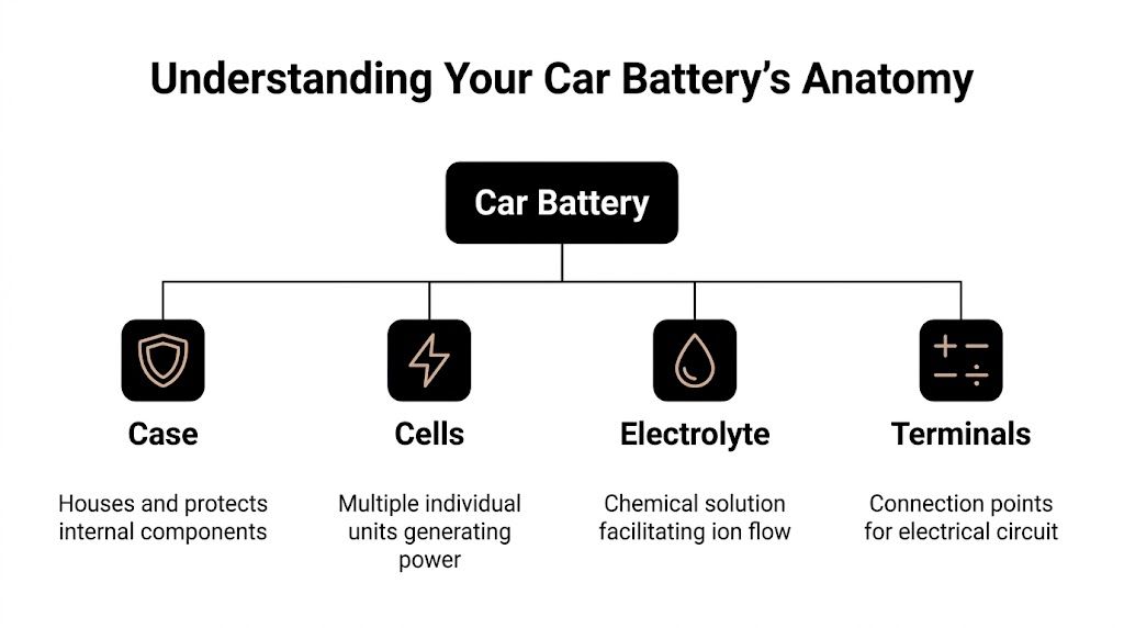 A diagram illustrating the four main components of a car battery: the case, cells, electrolyte, and terminals.